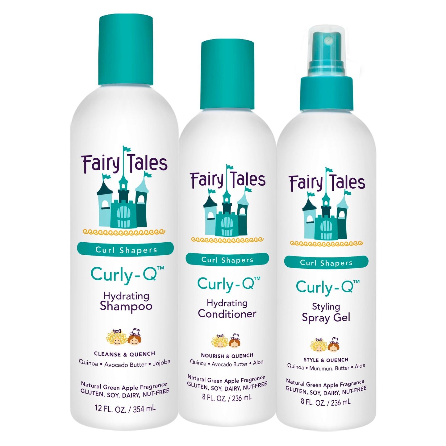 Fairy Tales Curly Q Hydrating Kids Shampoo 12oz, Conditioner 8oz, and Styling Spray Gel 8oz - Paraben, Sulfate, Gluten, and Nut Free - For All Curl Beauty & Personal Care Fairy Tales