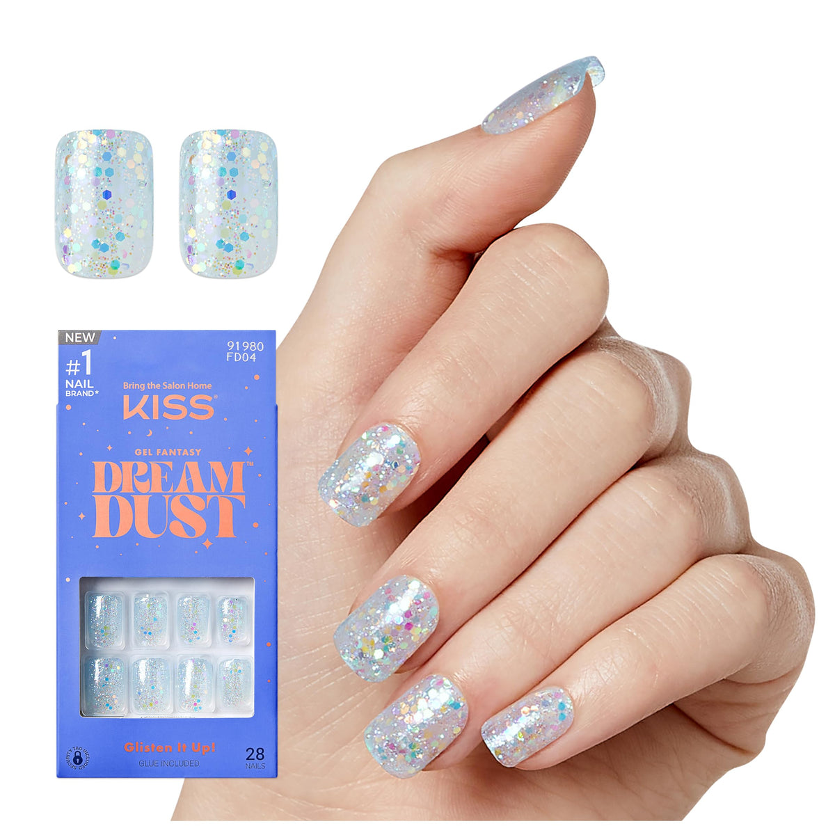 KISS Gel Fantasy, Press On Nails, Nail glue included, 'Champagnes', Light Blue, Short Size, Squoval Shape, Includes 28 Nails, 2G Glue, 1 Manicure