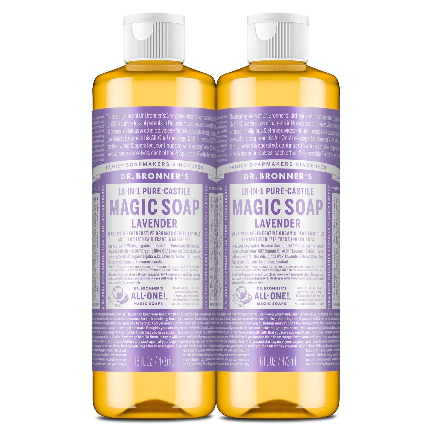 Dr. Bronner's Pure-Castile Magic Liquid Soap (Lavender, 16 Ounce, 2-Pack)- Made with Regenerative Organic Certified Oils, 18-in1 Uses: Face, Hair Beauty & Personal Care Dr. Bronner's
