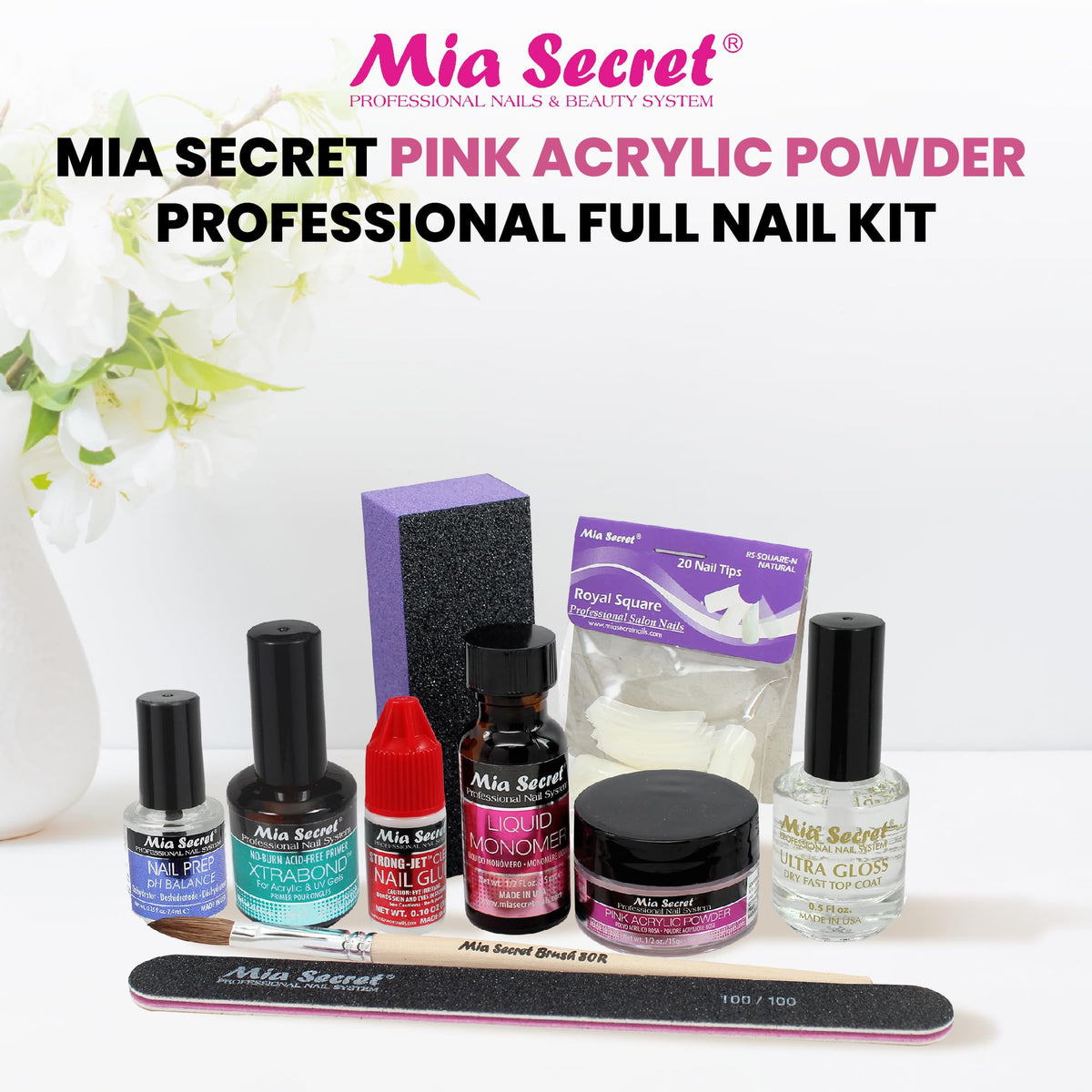 MIA SECRET Pink Acrylic Nail Kit - Full Kit With Powder, Liquid Monomer, Primer, Glue, Top Coat, 20 Nail Tips, Brush, Emery Block, File