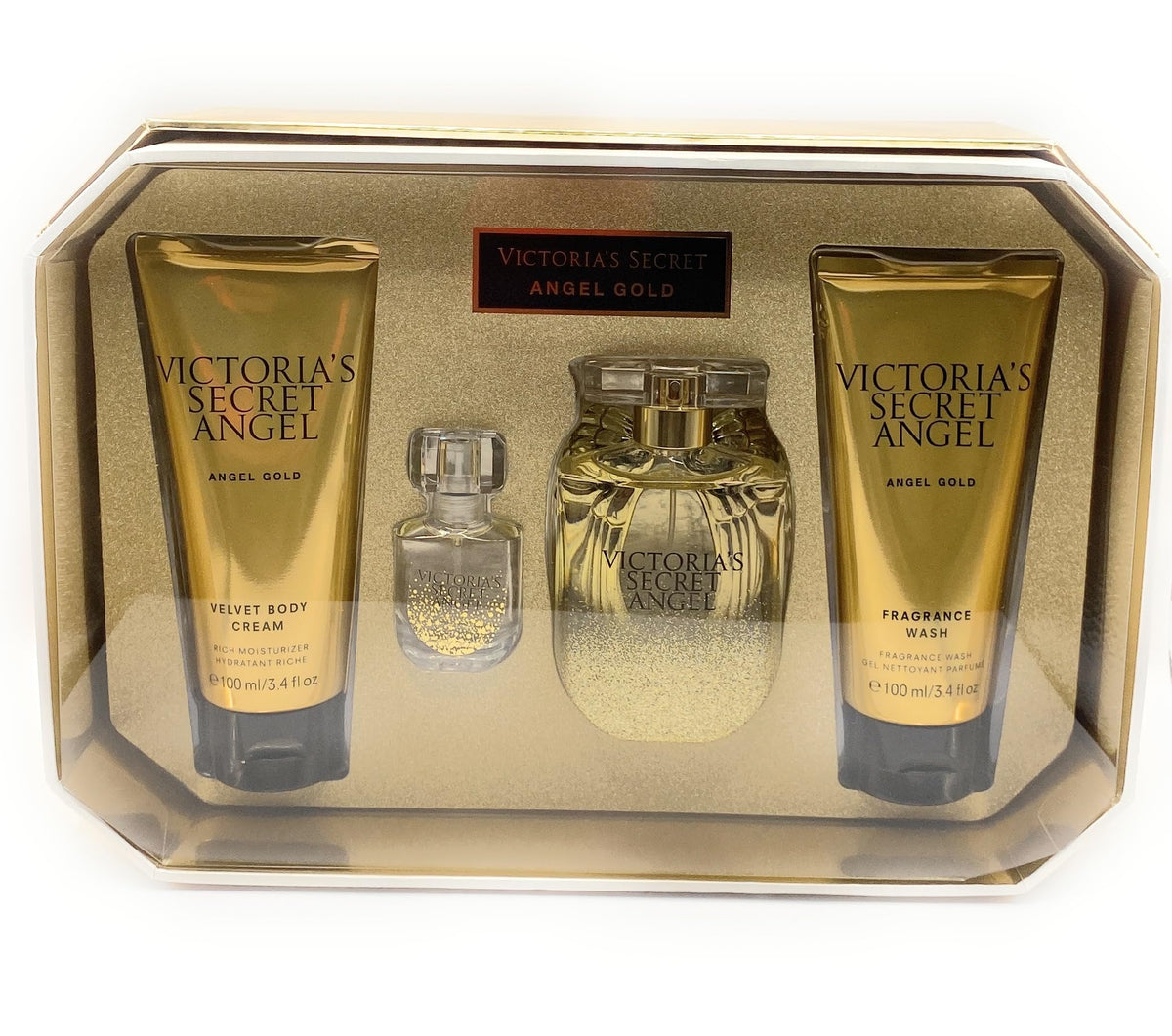 Victoria's Secret Angel Gold Gift Set: 1.7 oz Eau de Parfum, 0.25 Mini, 3.4 oz Body Cream & Fragrance Wash