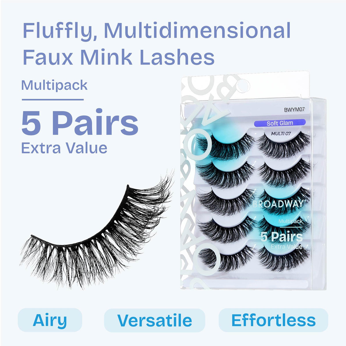 Broadway False Lashes Multipack, Faux Mink Wispy Volume Strip Eyelashes, Natural Look for Daily & Glam Wear, 5 Pairs Fluffy & Lightweight Cat Eye