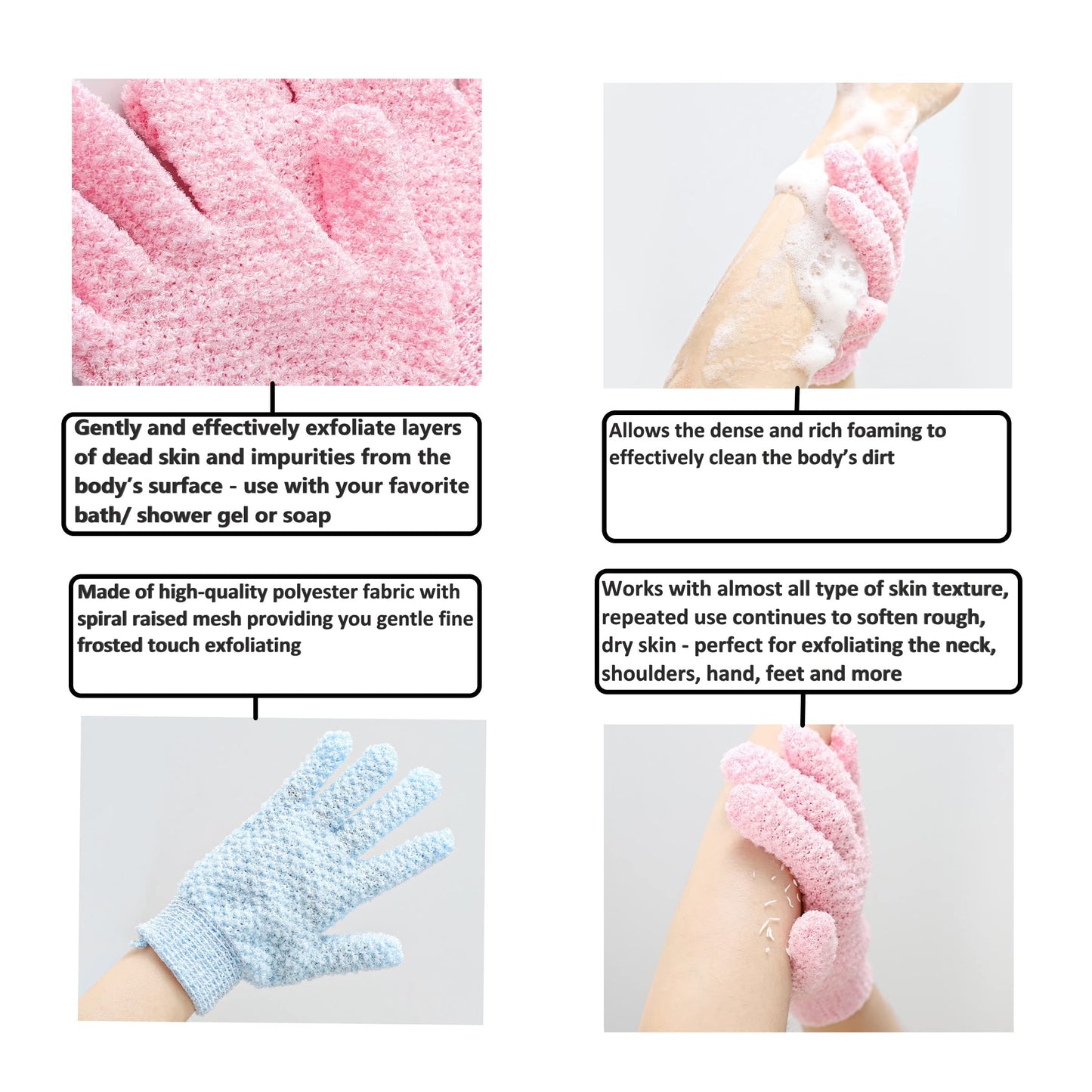 Exfoliating Bath Shower Gloves for Men Women 2 Pairs for Shower, Spa, Massage and Body Scrubs, Dead Skin Cell Remover (with Attached Hanging Loop) Beauty and Personal Care COOL & FRESH