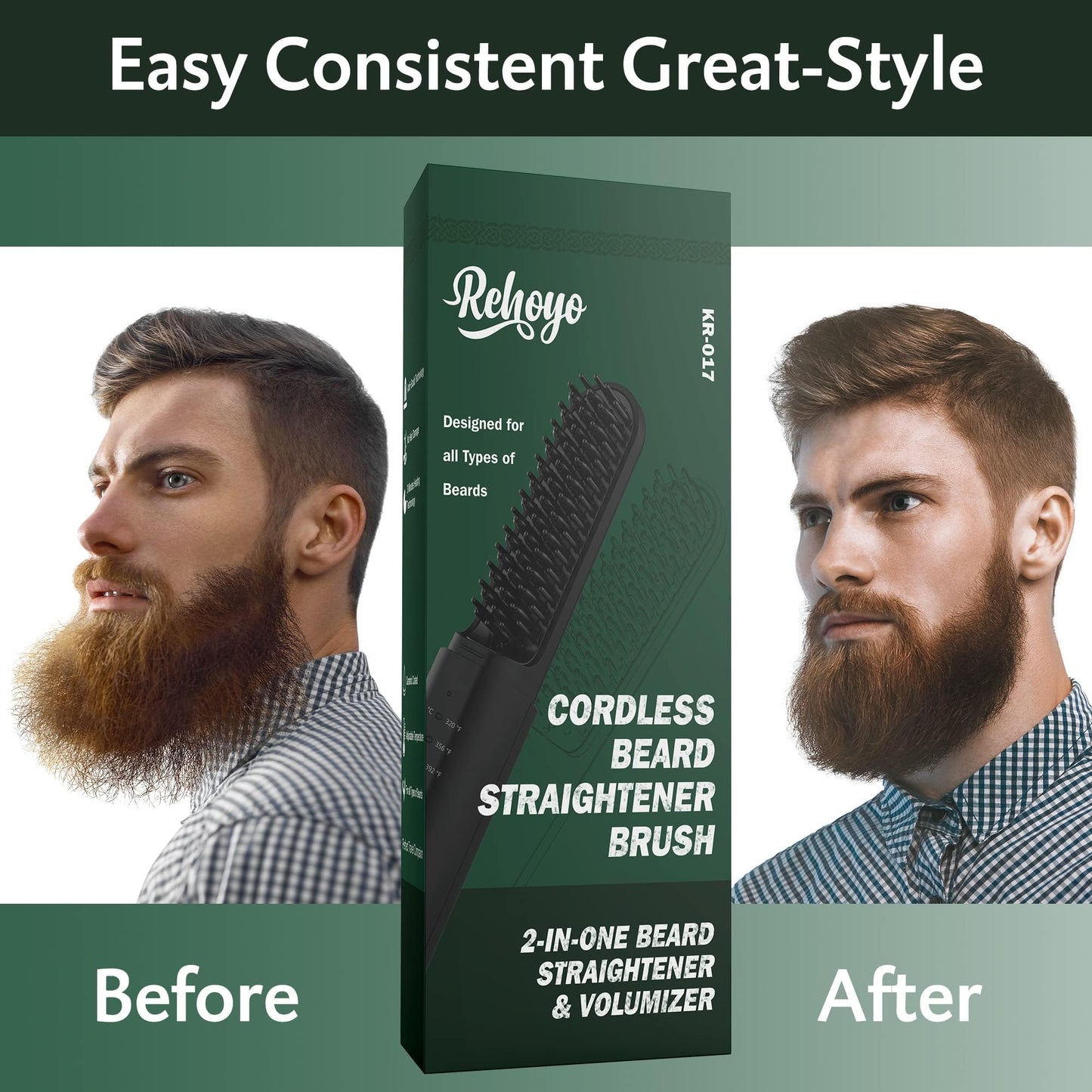 Beard Straightener for Men, Portable Cordless Heated Hair & Beard Straightening Brush with Anti-Scald & Ionic Technology, 3 Temperature Setting Comb Beauty & Personal Care REHOYO