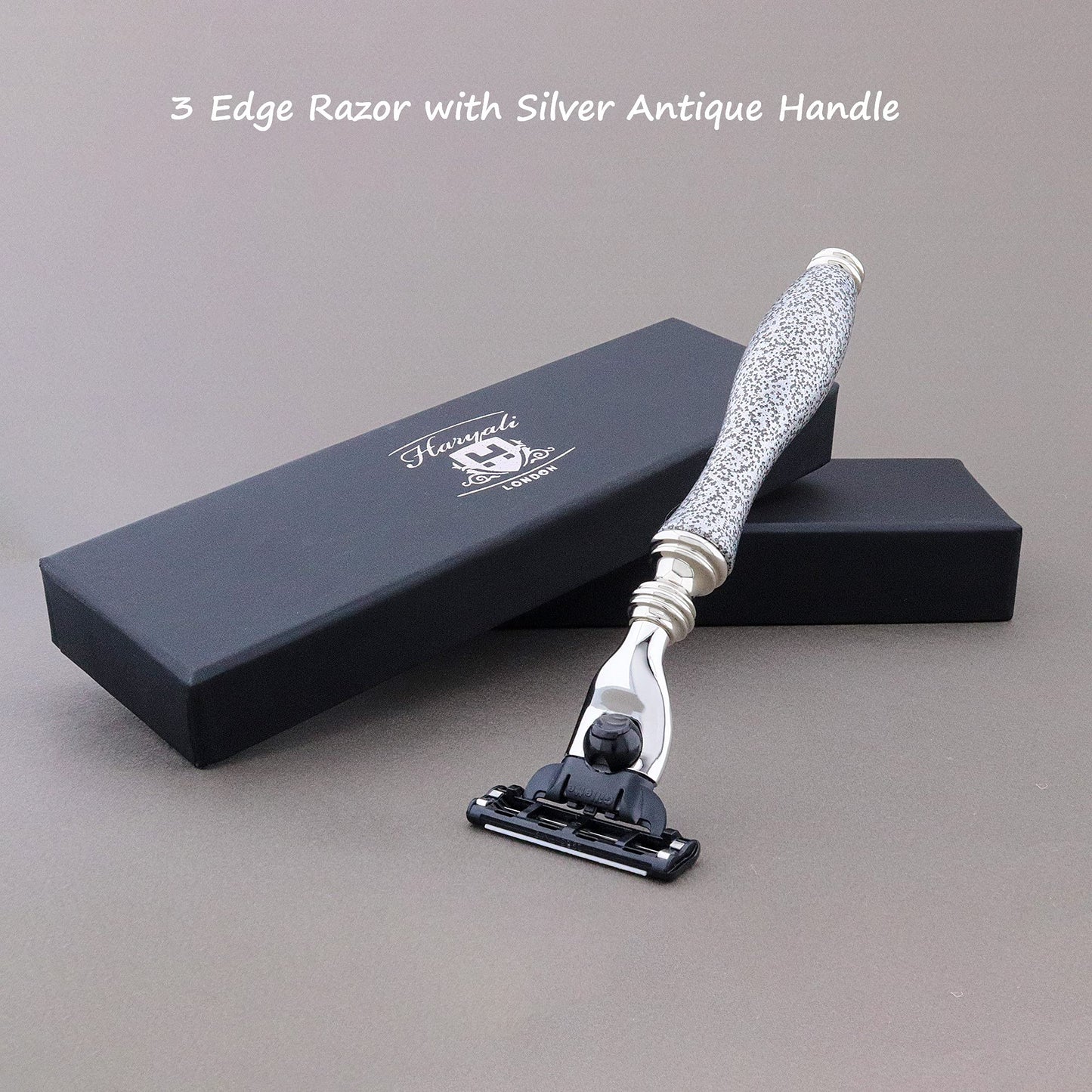 Haryali London 3 Edge Shaving Razor Handmade Silver Antique Design Handle Beard and Mustache Safety Razor For Men Perfect Shave Beauty and Personal Care Haryali London