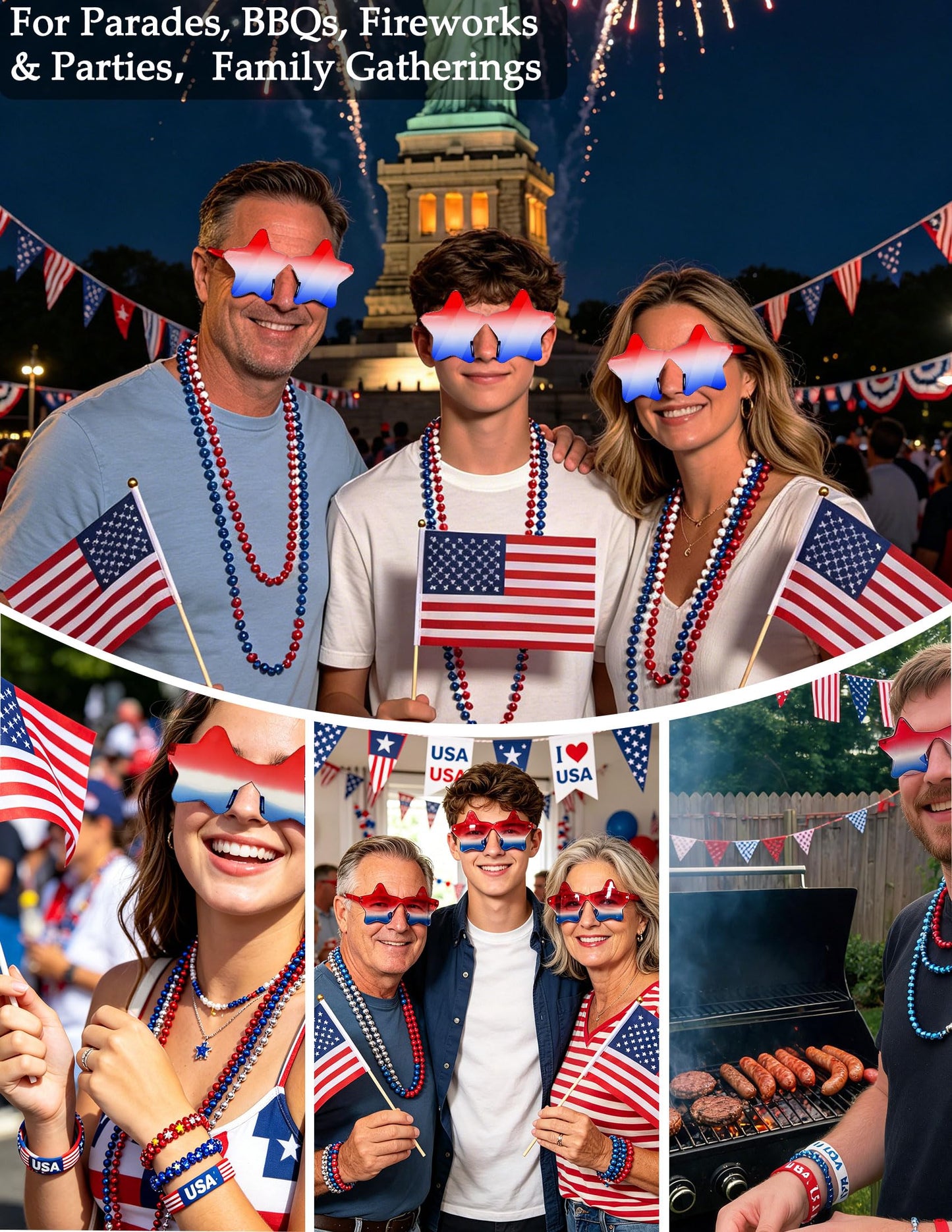 4th of July Outfits for Women, Red White and Blue Face Body Glitter Gel, 9Pcs Necklaces, 6Pcs Silicone Bracelets, 4 Mini USA Flags, 3 Pairs Star Beauty & Personal Care Qaeshi