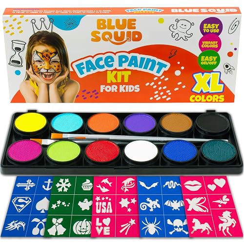 Blue Squid Face Painting Kit for Kids - 120g/4.23oz Face Paint Kit Palette, Stencils, 12 Colors - Safe for Sensitive Skin, Non Toxic Face Painting Kit Beauty & Personal Care Blue Squid