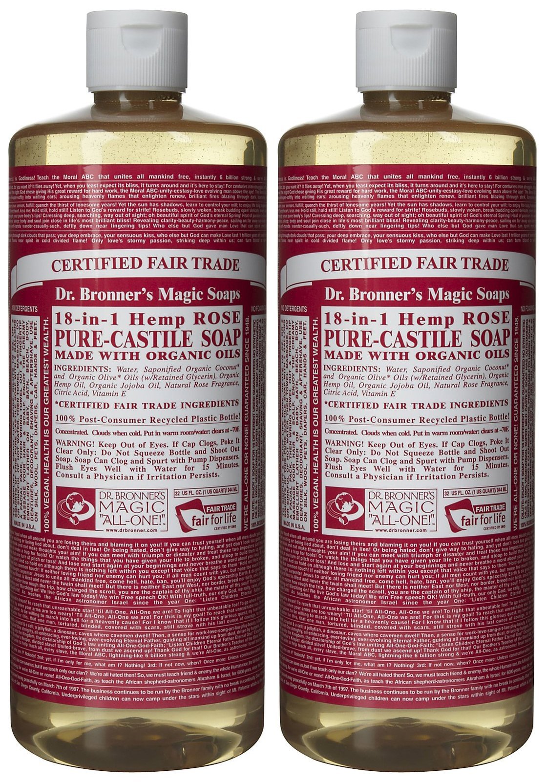 Dr. Bronner's Organic Pure Castile Liquid Soap, Rose, 32 oz, 2 pk Beauty & Personal Care Dr. Bronner's