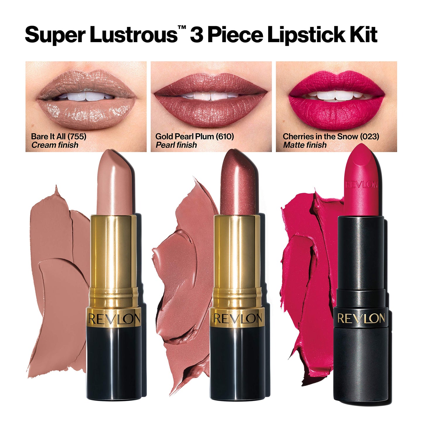 Revlon Super Lustrous 3-Piece Lipstick Gift Set, High Impact, Multi-Finish in Cream, Pearl & Matte, 755 Bare It All (Cream), 610 Gold Pearl Plum Beauty & Personal Care REVLON