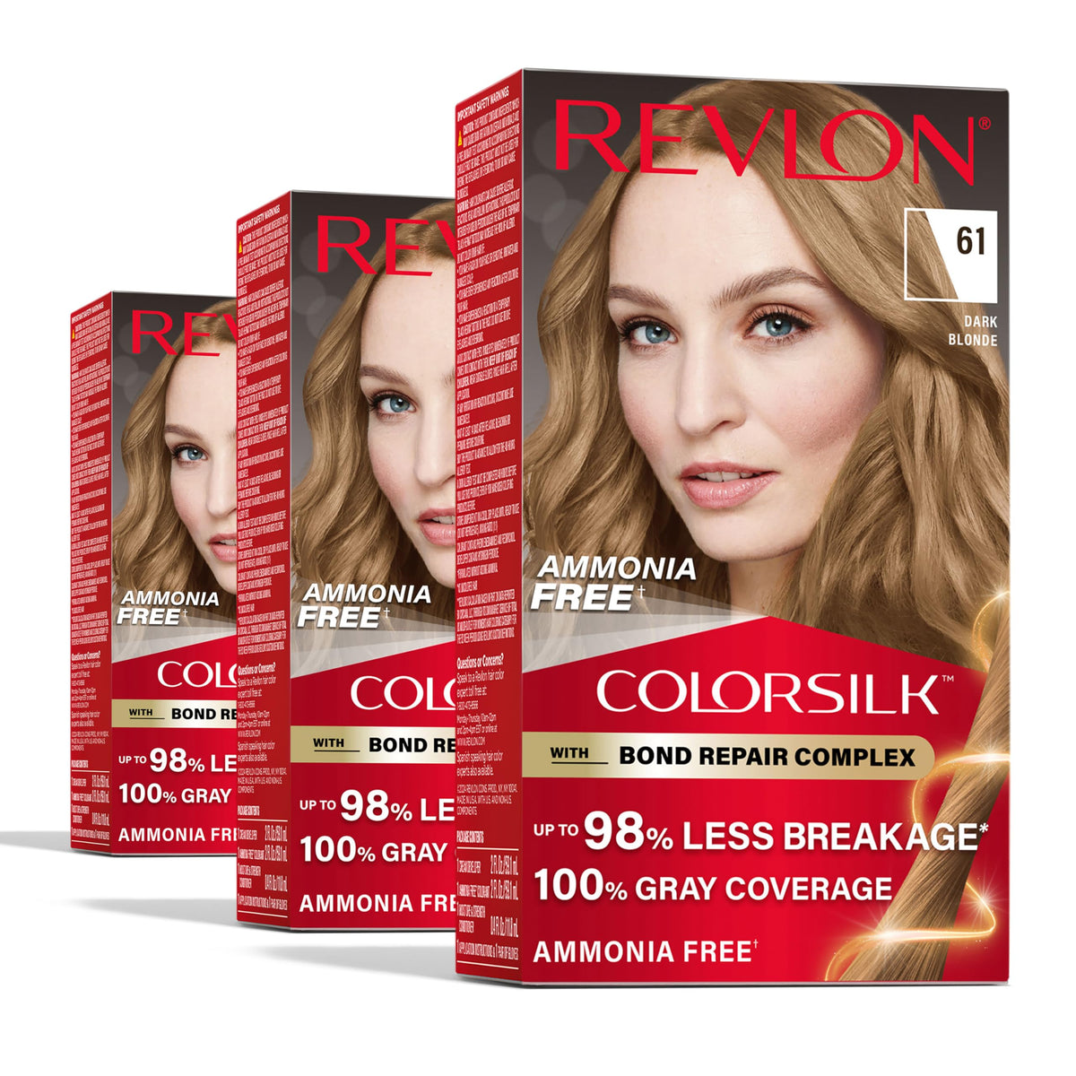Revlon ColorSilk with Bond Repair Complex, Blonde Permanent Hair Color, 100% Gray Coverage, Ammonia Free Hair Dye, Vegan Keratin, 61 Dark Blonde (Pack Beauty & Personal Care REVLON