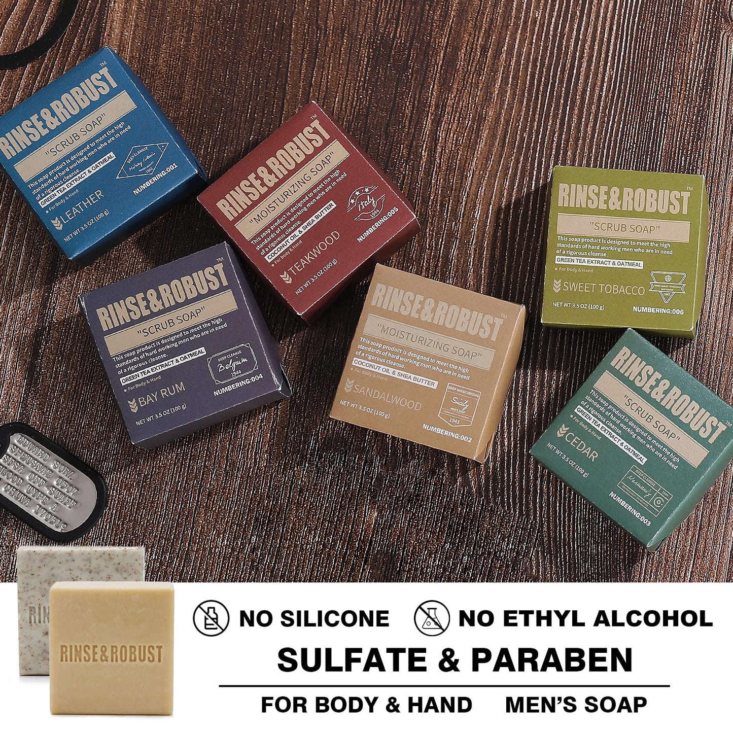 Rinse & Robust Mens Soap Bar Set 6Pcs Natural Cleansing Bar Soap Set Scrub Soap Gift for Men All Skin Type| 6 Different Scents |3.5 oz of 6 Bars Beauty & Personal Care Rinse & Robust
