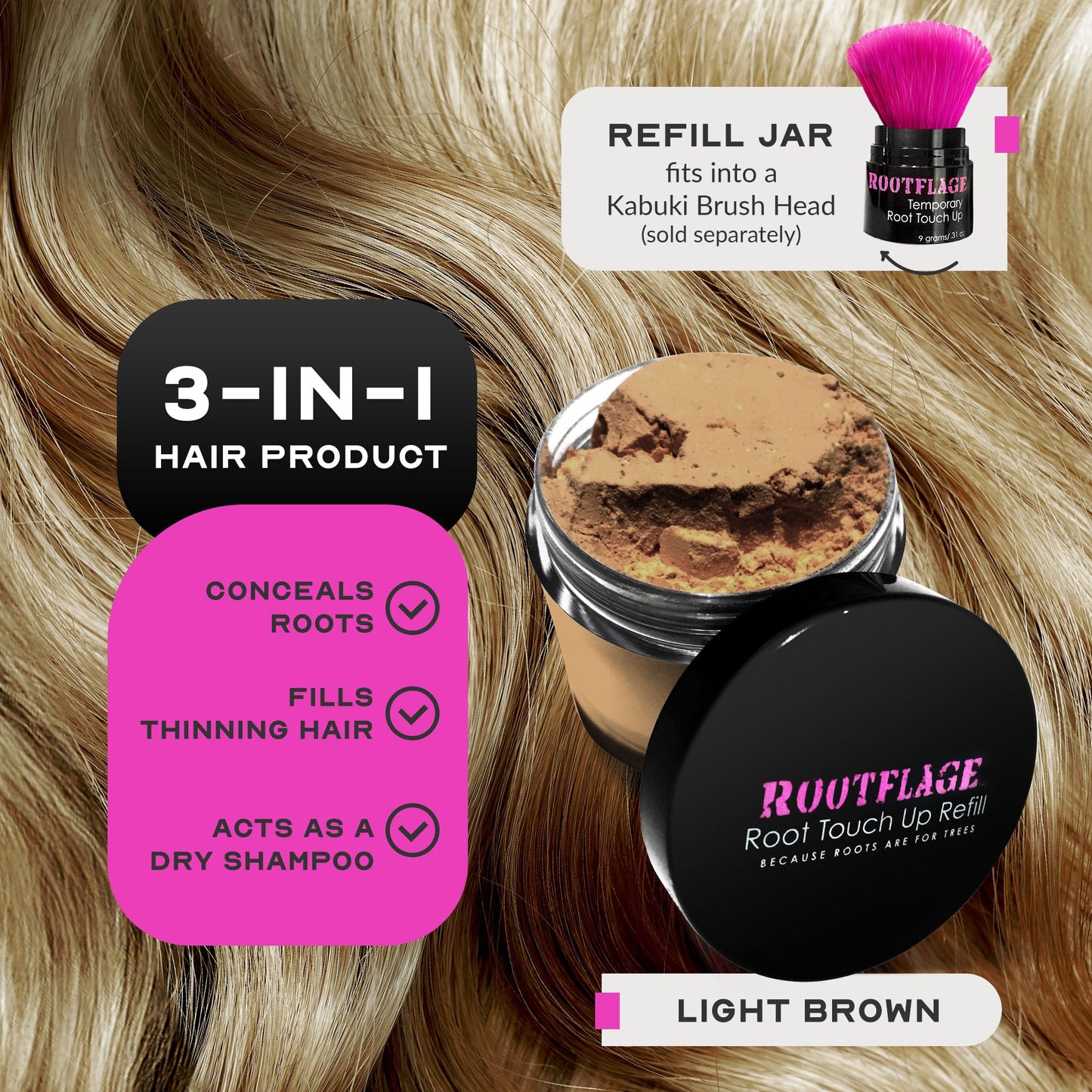 Rootflage Root Touch Up Powder - 04 Light Brown, Temporary Hair Color, Thinning Hair Powder and Concealer Refill Jar with Detail Brush Included (0.31 Beauty & Personal Care Rootflage