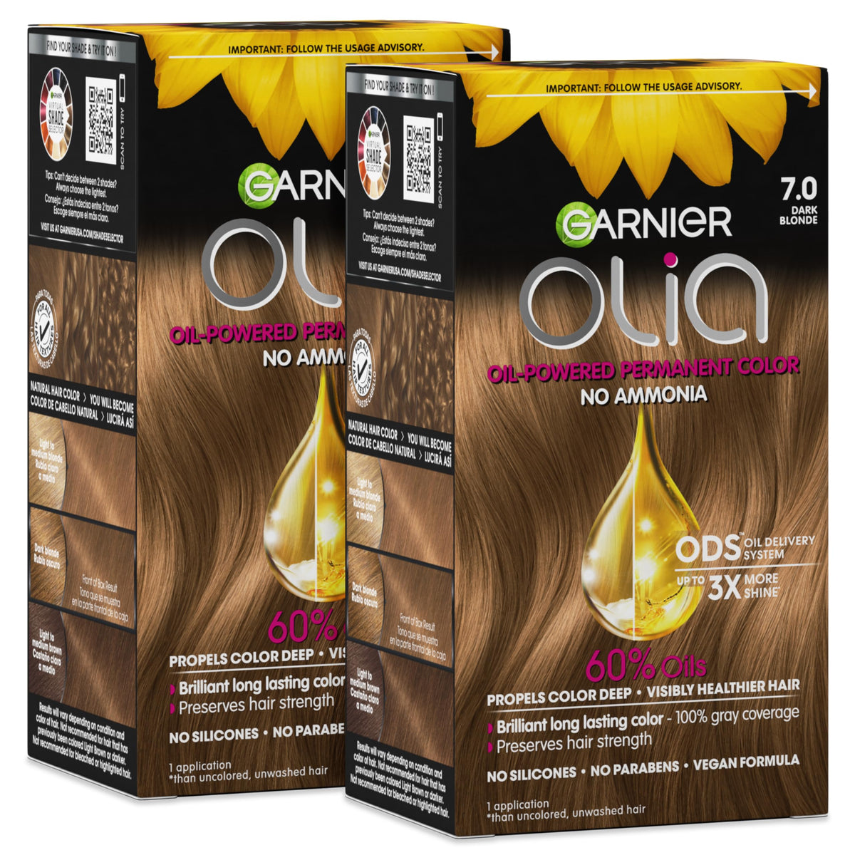 Garnier Olia Hair Color, Ammonia-Free Permanent Hair Dye, Oil-Powered Formula for 100% Gray Coverage and 3x Shinier Hair, Vegan & Cruelty Free, 7.0 Beauty & Personal Care Garnier