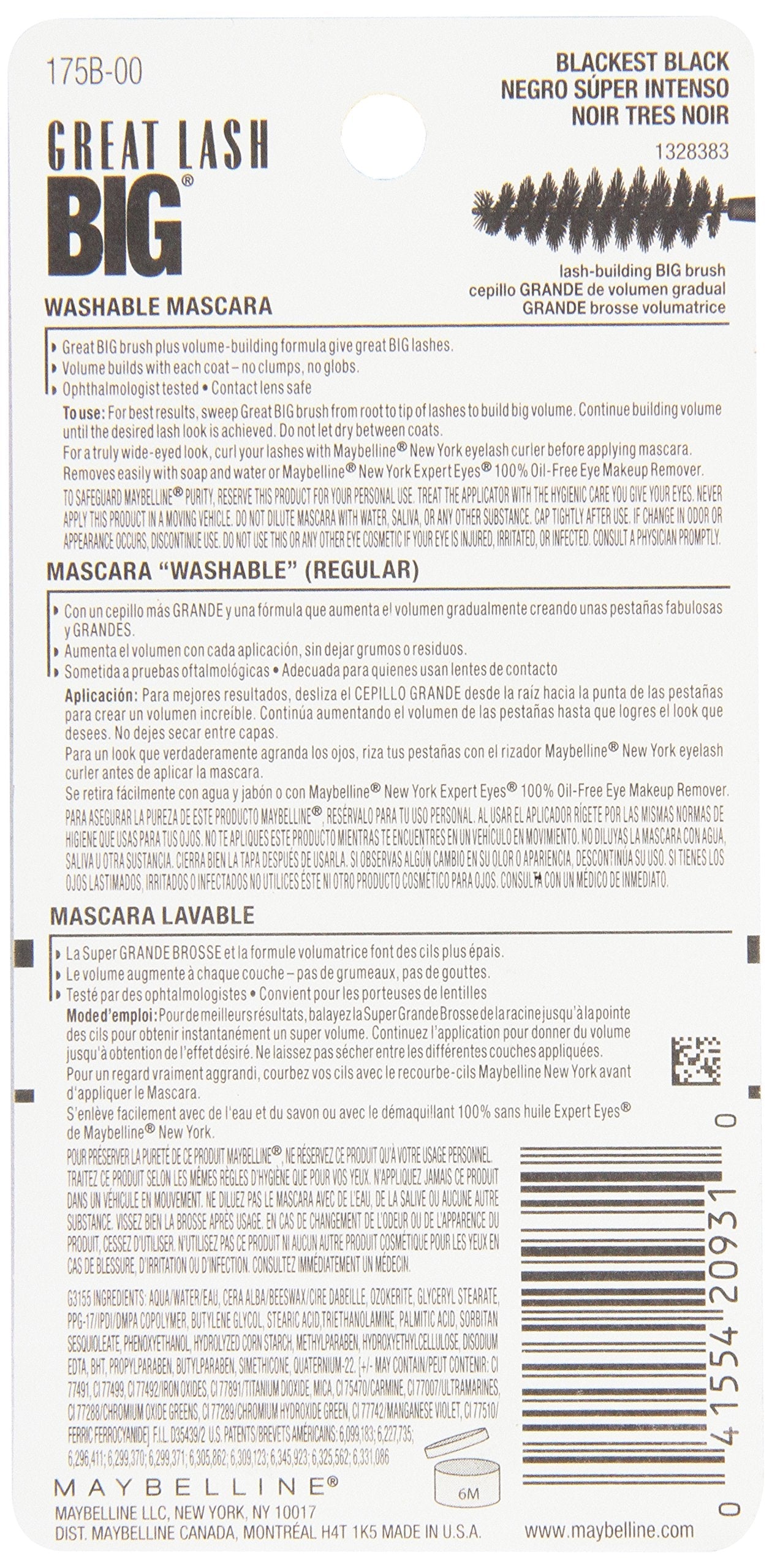 Maybelline New York Great Lash Big Washable Mascara, Blackest Black 130, 0.34 Fluid Ounce Beauty & Personal Care MAYBELLINE
