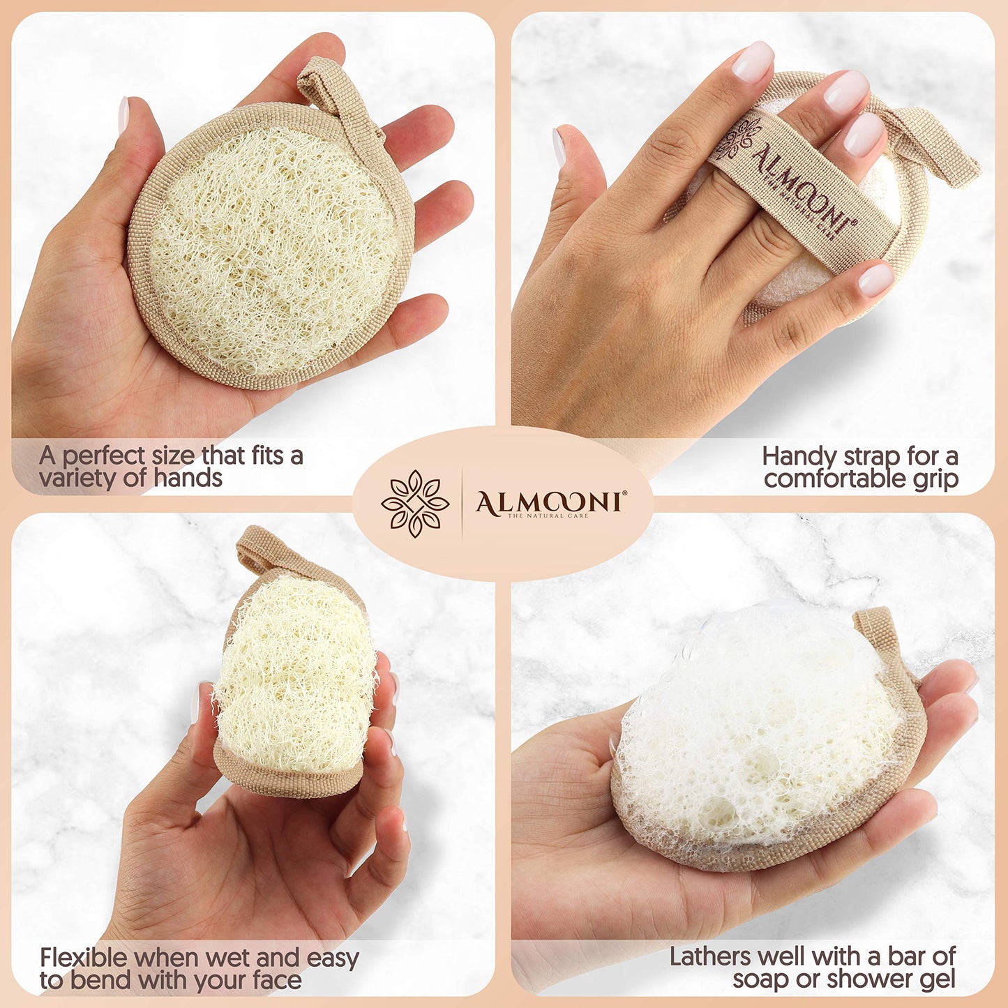 Almooni Natural Loofah Exfoliating Facial Scrubber, Made with Natural Egyptian Shower Loofah Sponge, Bath Shower Loofah Sponge for Women and Men, Beauty & Personal Care ALMOONI