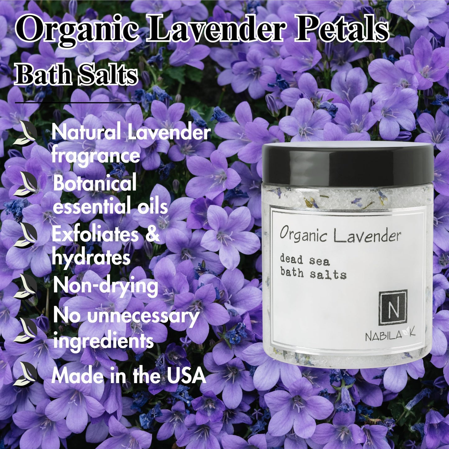 Organic Lavender Bath Salts for Women & Men - Dead Sea Salt & Epsom Salt Relaxing Soak and Scrub - Organic Buds & French Lavender Oil, Cruelty-Free Beauty and Personal Care Nabila K