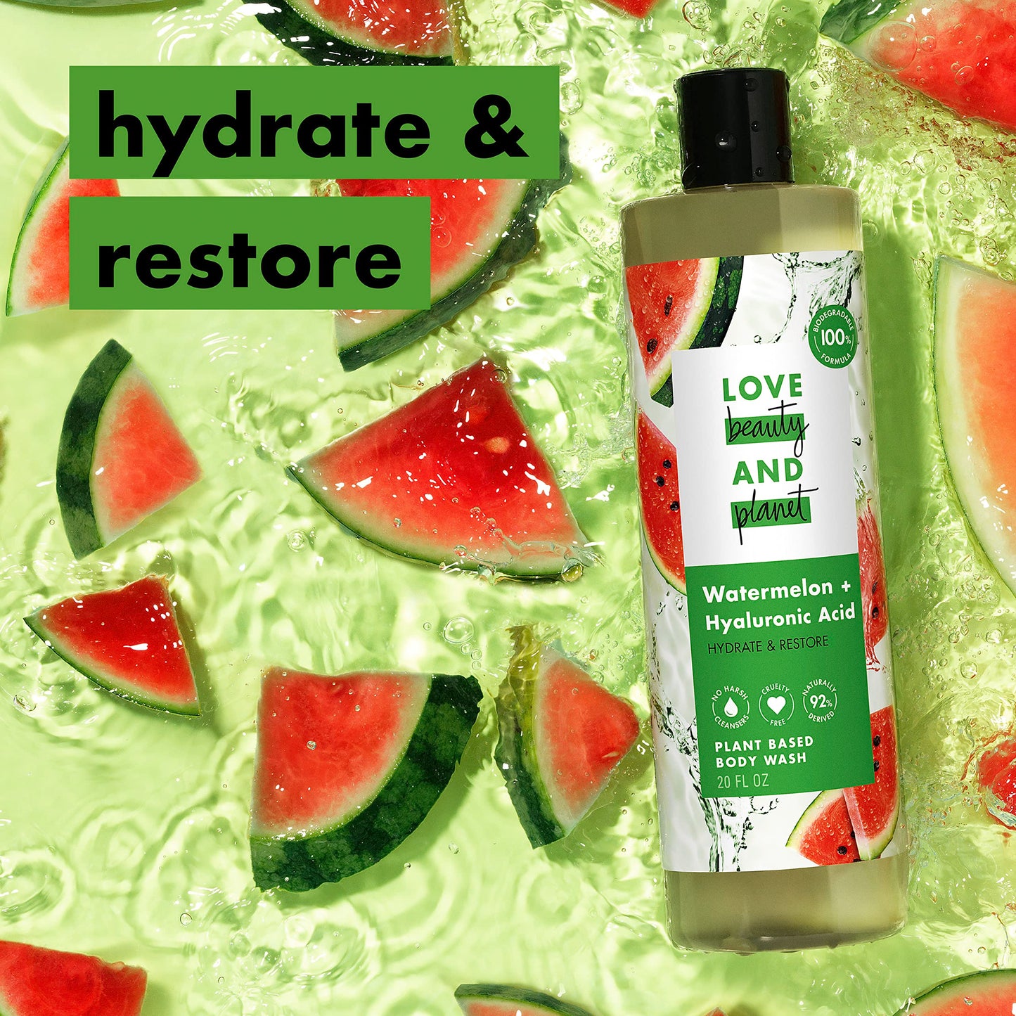 Love Beauty and Planet Plant-Based Body Wash Hydrate and Restore Skin Watermelon and Hyaluronic Acid Made with Plant-Based Cleansers and Skin Care Beauty & Personal Care Love Beauty And Planet