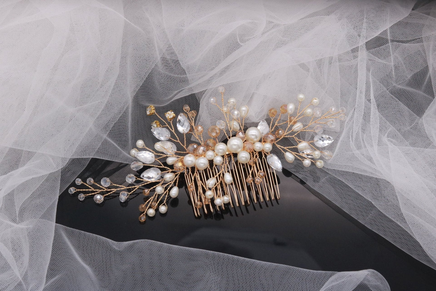 Kercisbeauty Wedding Bridal Bridesmaids Flower Girl Crystal and Pearl Side Hair Comb Slide Headpiece Long Curly Bun Hair Accessories for Prom (Gold) Beauty & Personal Care Kercisbeauty