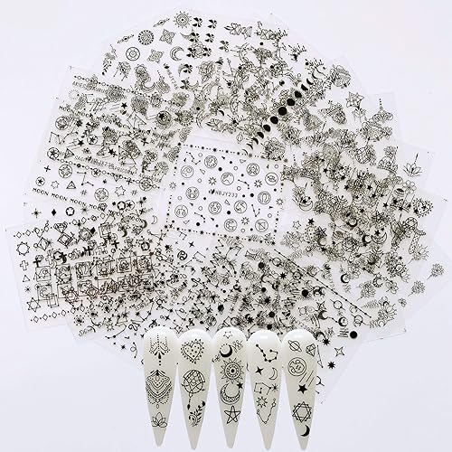 NAIL ANGEL 24 Sheets Nail Art Black Sticker Moon and Star Universal Flower Shapes Different Patterns Mix Sticker Sheets 10056 Beauty & Personal Care NAIL ANGEL