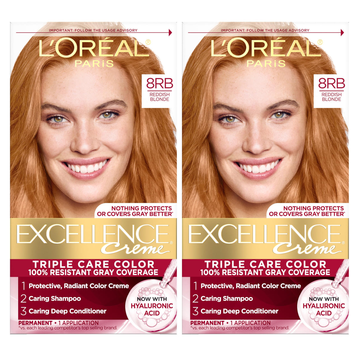 L'Oreal Paris Excellence Crème Permanent Hair Dye, Triple Care Hair Color with Hyaluronic Acid for 100% Gray Coverage, 8RB Reddish Blonde, 1 Kit (Pack
