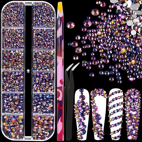 6 Sizes Iridescent Blue Glass Crystal Kit with Pickup Pen + Tweezer Tools for Shine Nail Art Manicure Makeup DIY Decoration Flatback Round Rhinestone Beauty & Personal Care BELLEBOOST