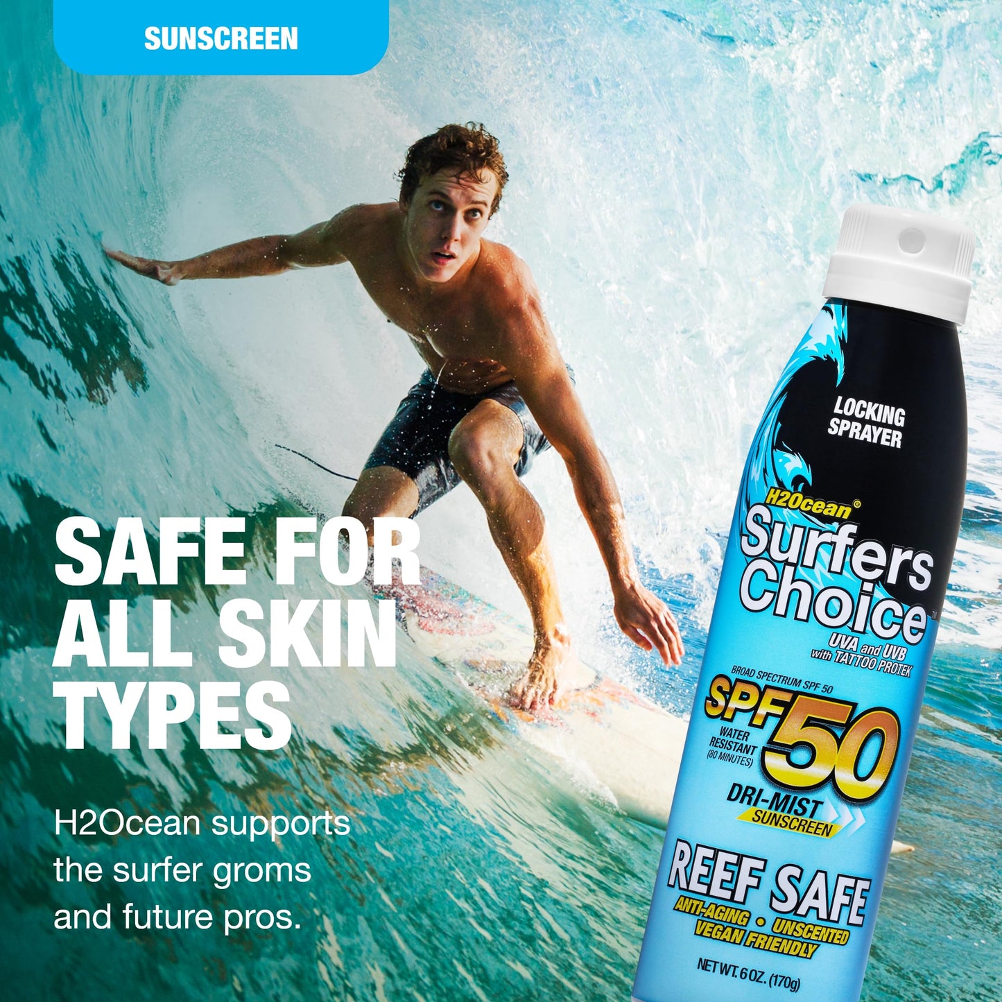 H2Ocean Surfers Choice SPF 50 Spray - Quick-Drying Sunscreen Spray for Tattoo Aftercare & UV Protection - Reef-Safe Sun Protection for All Ages - 6 oz Beauty & Personal Care H2Ocean