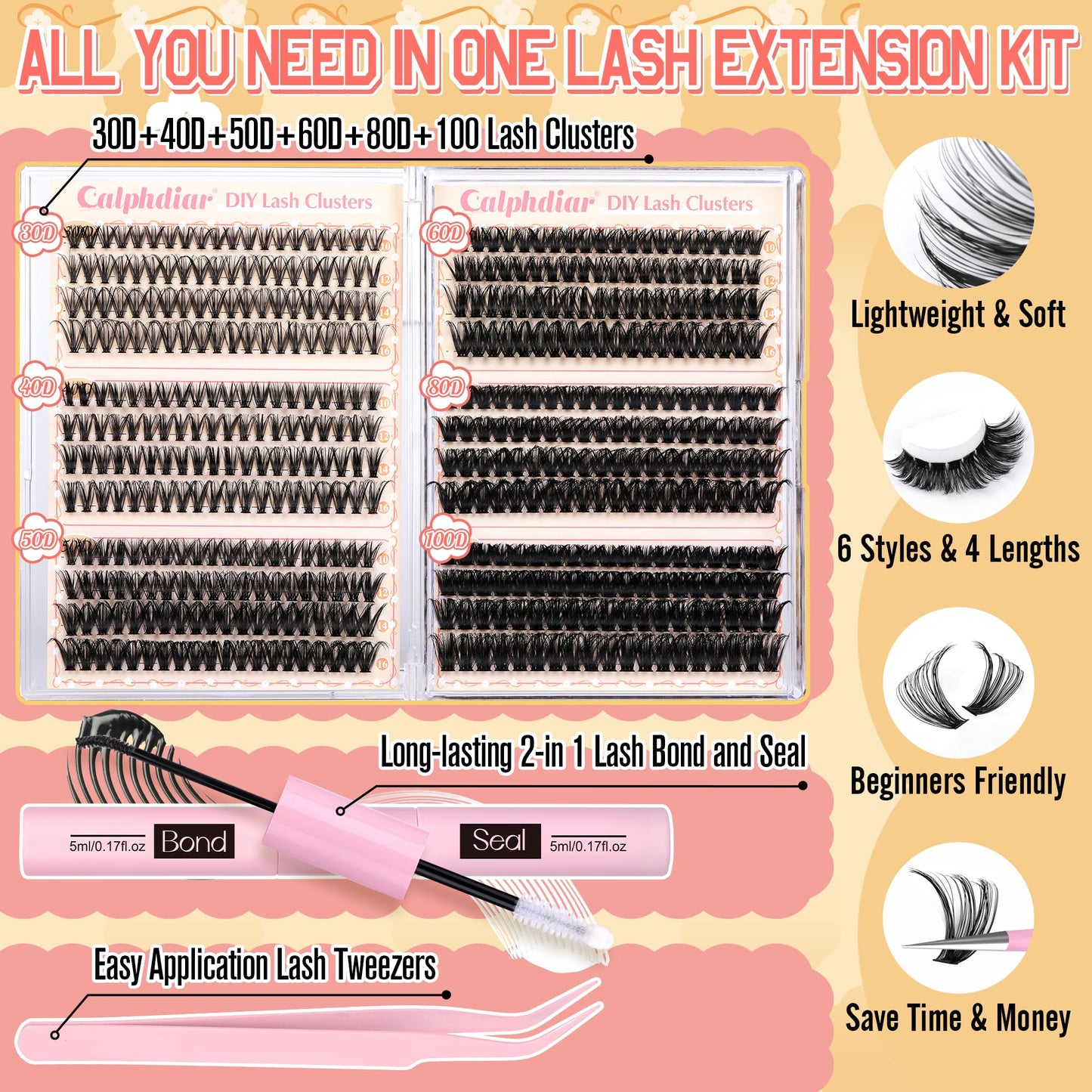 Lash Clusters Kit 30D-100D Wispy Eyelash Extension Kit 474pcs Individual Lashes 8-16MM Cluster Eyelash Extensions DIY Lash Extension Kit D-Curly Beauty and Personal Care calphdiar