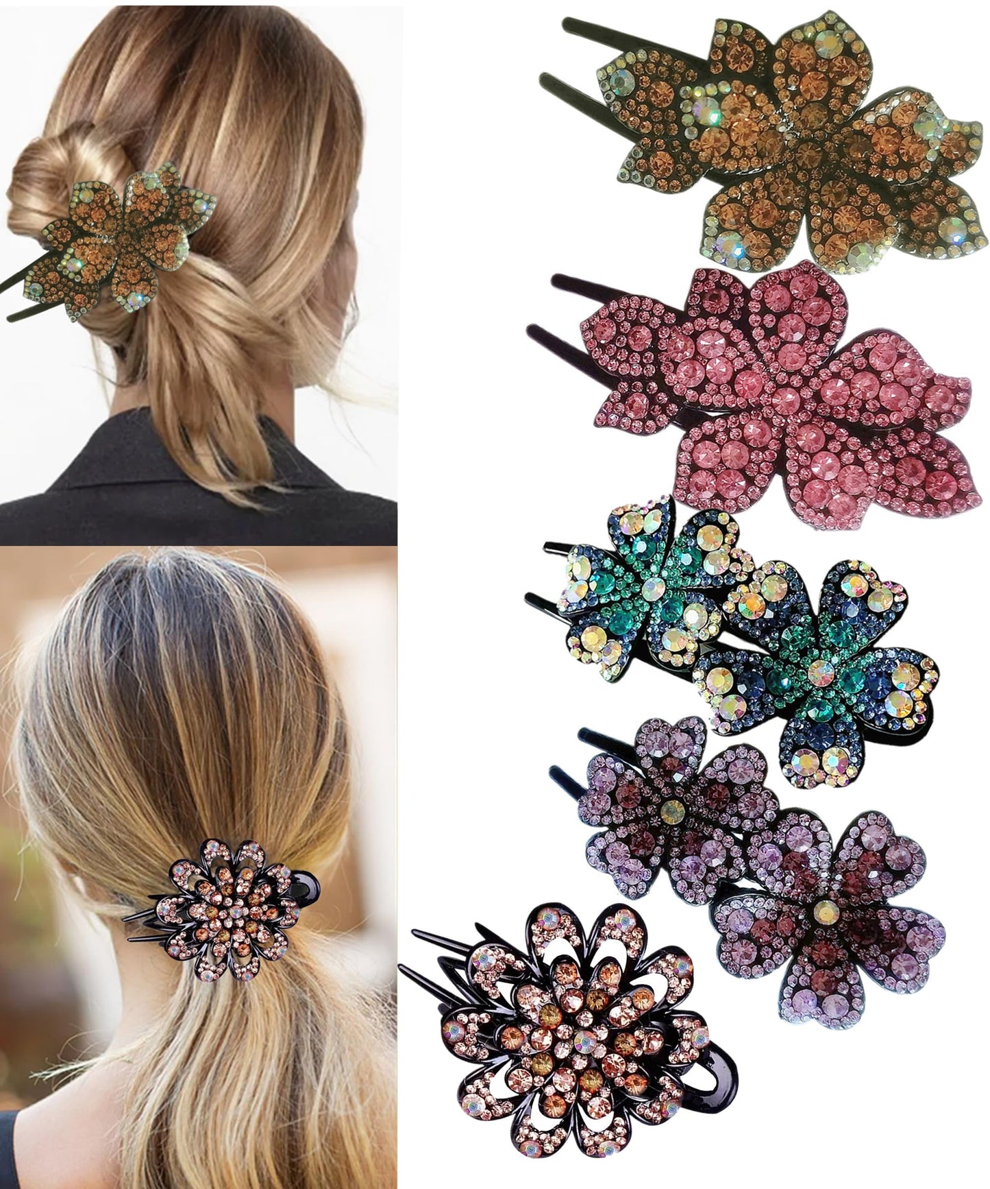 5 Pcs double flower decorative jeweled rhinestone hair clip pretty fancy floral thick crystal hair clips for women beautiful fashion designer asian Beauty & Personal Care LJC-20