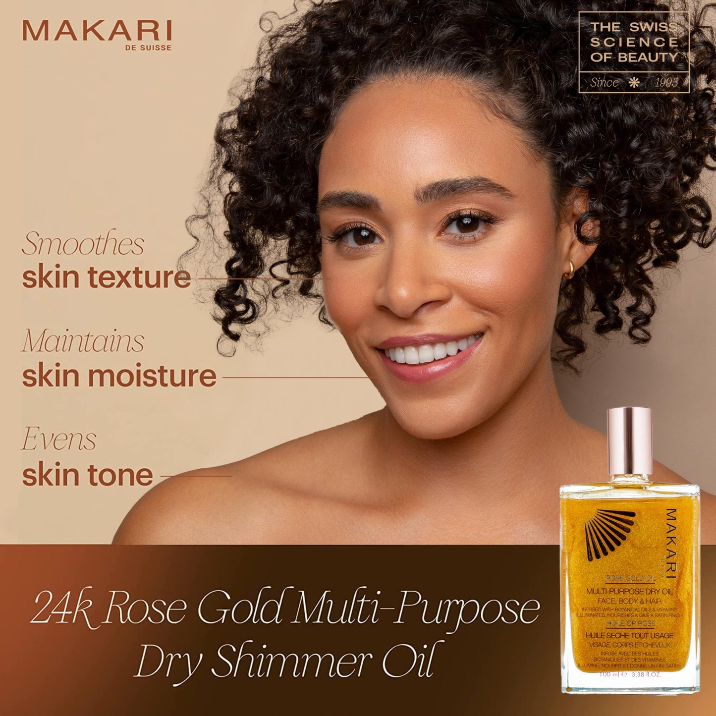 MAKARI 24K Rose Gold Multi-Purpose Dry Shimmer Oil (3.38 fl oz) | Body Shimmer Oil for Face, Hair and Body | Shimmer Body Oil with Real Gold Flakes | Beauty & Personal Care MAKARI