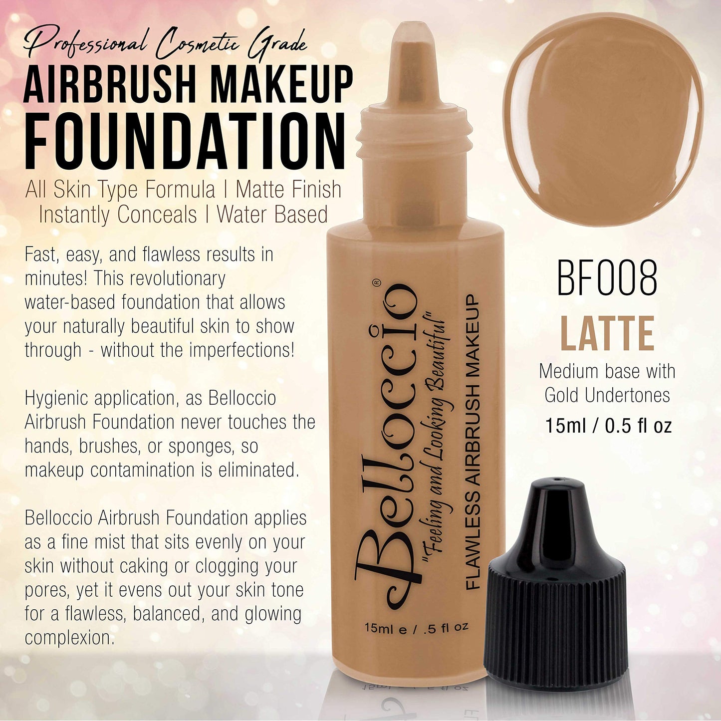 Belloccio's Professional Cosmetic Airbrush Makeup Foundation 1/2oz Bottle: Latte- Medium with Golden Undertones Beauty & Personal Care Belloccio