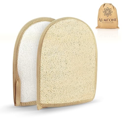 Premium Exfoliating Loofah Glove Pad Body Scrubber. Our Mitt Gloves are Made of Natural Egyptian Shower Loufa Sponge That Gets You Clean, Not Just Beauty & Personal Care ALMOONI
