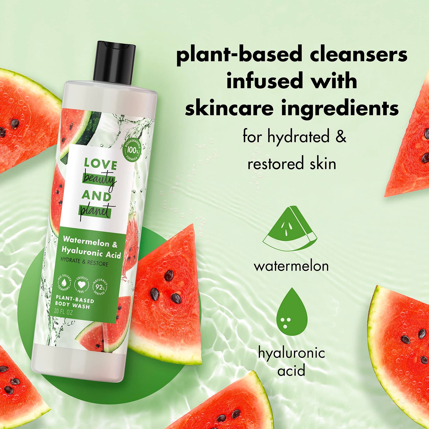 Love Beauty and Planet Plant-Based Body Wash Hydrate and Restore Skin Watermelon and Hyaluronic Acid Made with Plant-Based Cleansers and Skin Care Beauty & Personal Care Love Beauty And Planet
