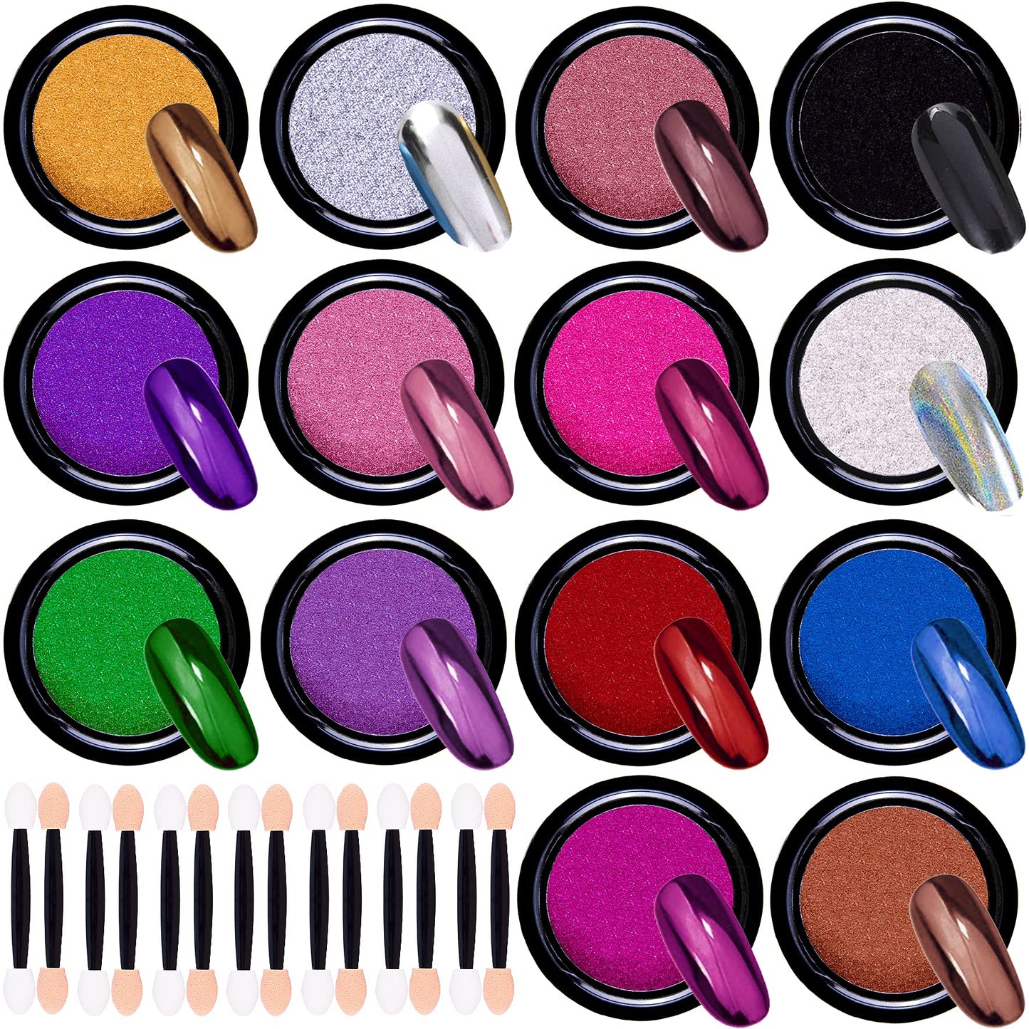 Duufin 14 Jars Chrome Nail Powder Metallic Nail Art Powder Mirror Effect Manicure Chrome Powder 14 Colors Nail Powders with 14 Pcs Eyeshadow Sticks Beauty & Personal Care Duufin