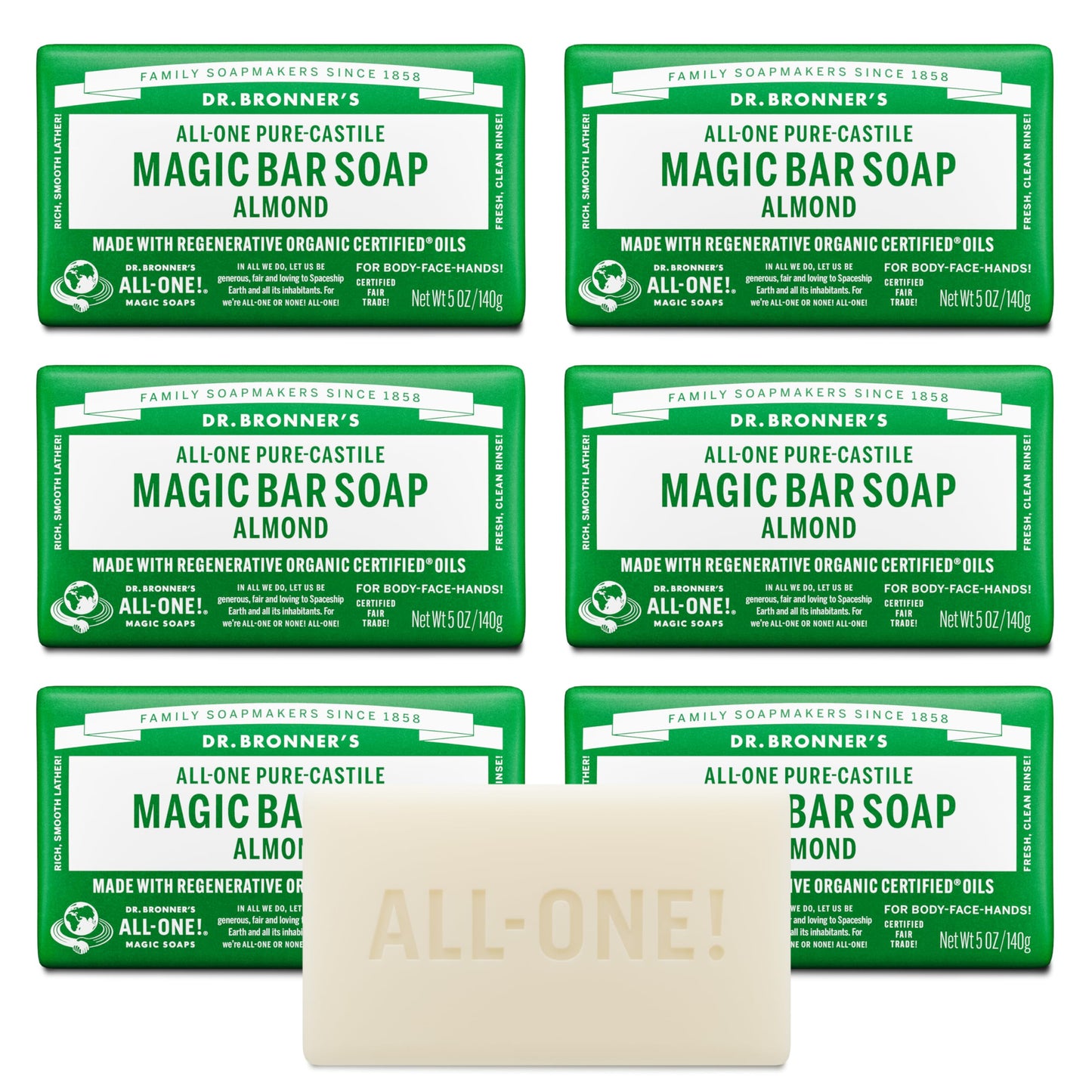 Dr. Bronner's - Pure-Castile Magic Bar Soap (Almond, 5 oz, 6-Pack) - Made with Regenerative Organic Certified Oils- For Face, Body & Hair, Gentle Beauty & Personal Care Dr. Bronner's