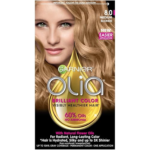 Garnier Olia Ammonia-Free Brilliant Color Oil-Rich Permanent Hair Color, 8.0 Medium Blonde (1 Kit) Blonde Hair Dye (Packaging May Vary) Beauty & Personal Care Garnier