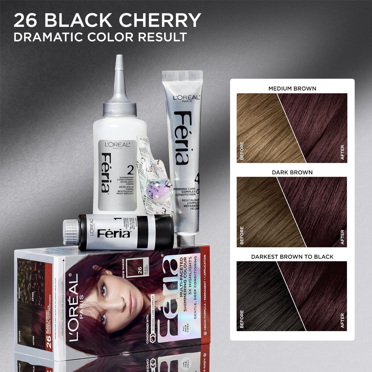 L’Oreal Paris Feria Multi-Faceted Shimmering Permanent Hair Color, High Intensity Hair Dye for 3X Highlights, 26 Black Cherry (Deepest Magenta), 1 Beauty & Personal Care L'Oreal Paris