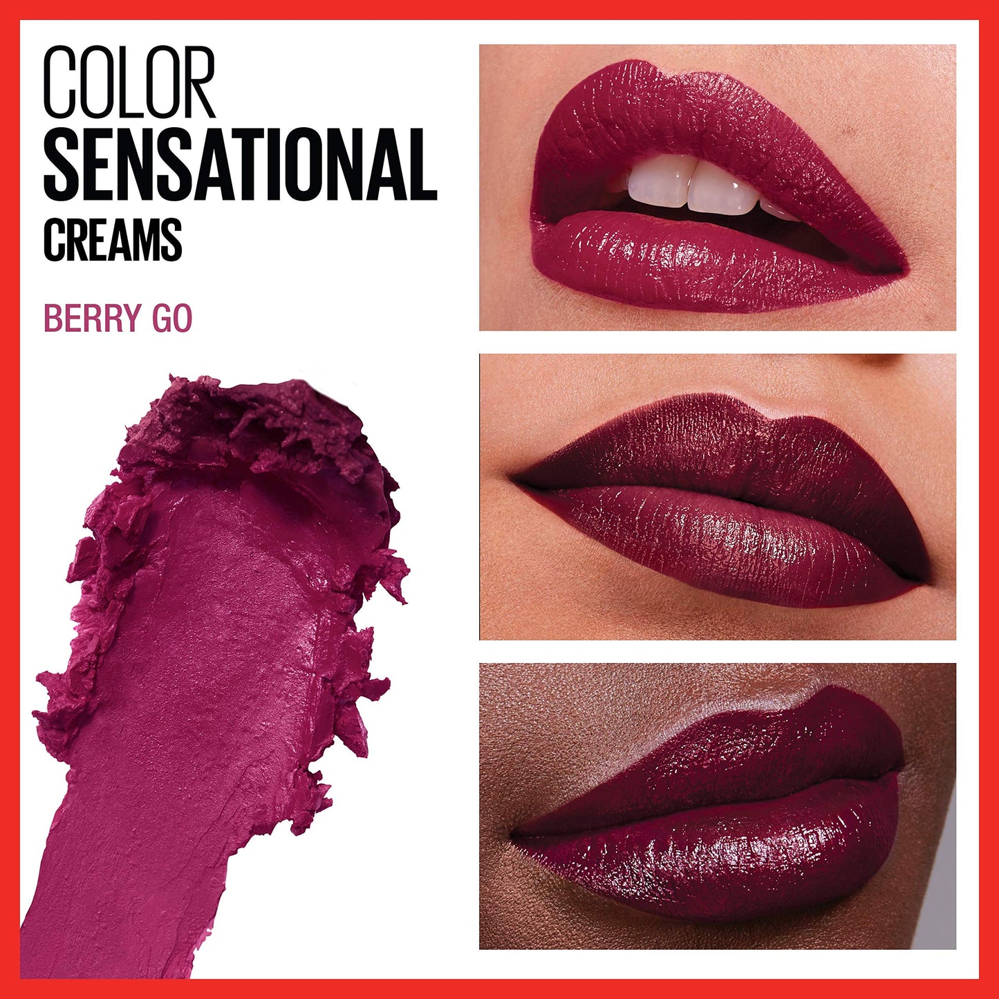 Maybelline Color Sensational Lipstick, Lip Makeup, Cream Finish, Hydrating Lipstick, Nude, Pink, Red, Plum Lip Color, Berry Go, 0.15 oz; (Packaging Beauty & Personal Care MAYBELLINE