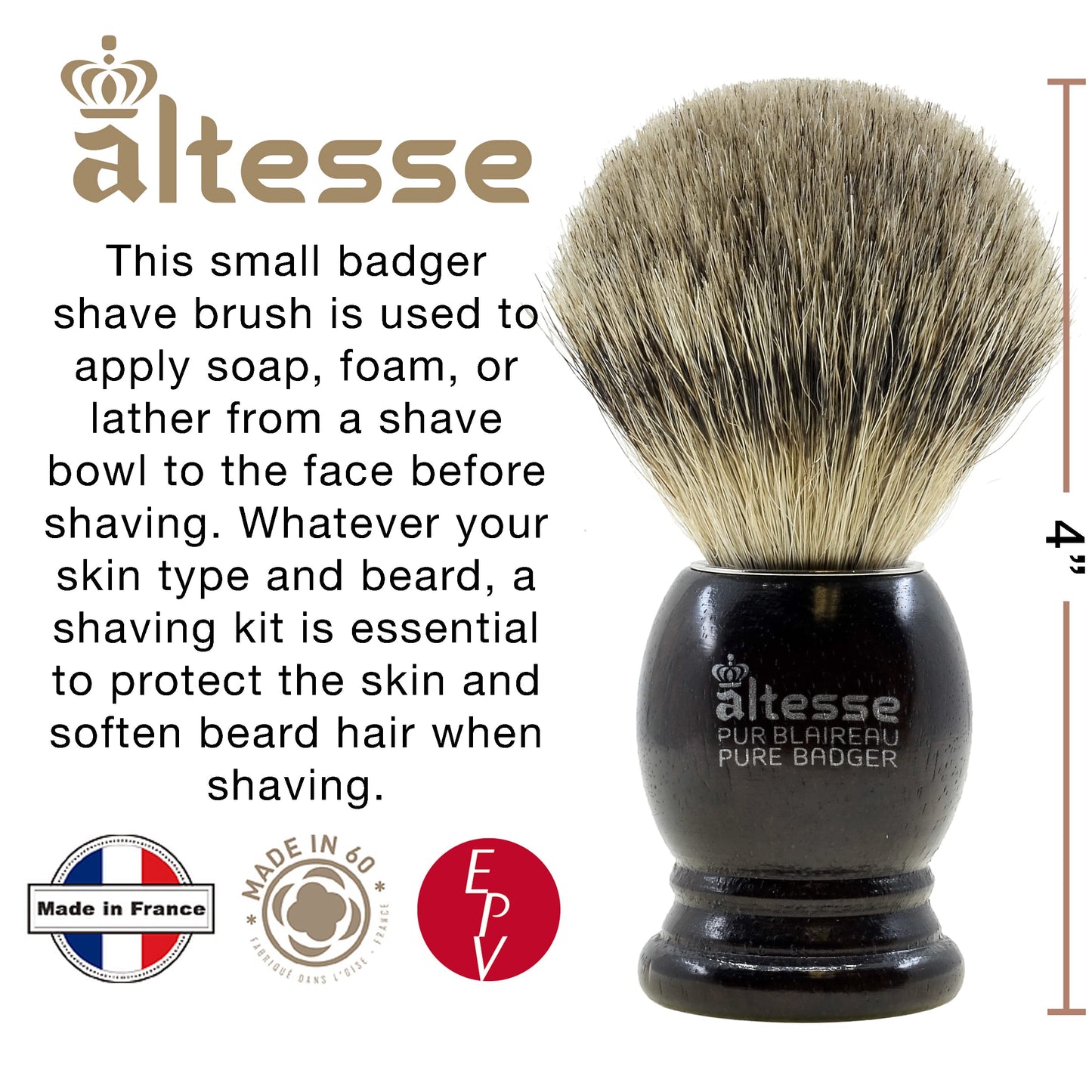 Altesse 75108 European Grey Badger Shaving Brush for Shave Cream, Shaving Soap, Shaving Cream Foam and Lather for Wet Shave With Shaving Razor, Safety Beauty and Personal Care Altesse