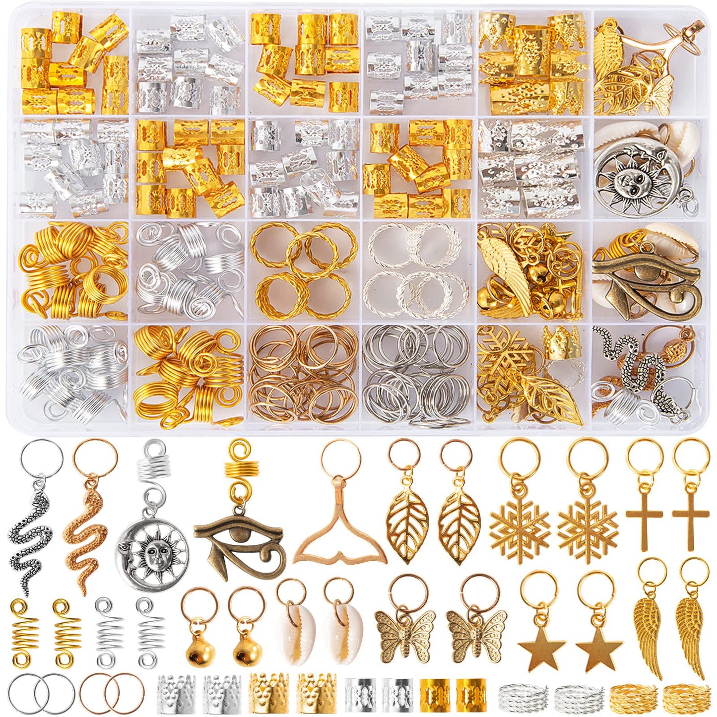 Vaikby 201PCS Hair Jewelry Beads for Braids, Gold and Silver Hair Dreadlock Accessories, Metal Hair Rings, Hair Charms Pendants, Braid Cuffs Clips Beauty & Personal Care Vaikby