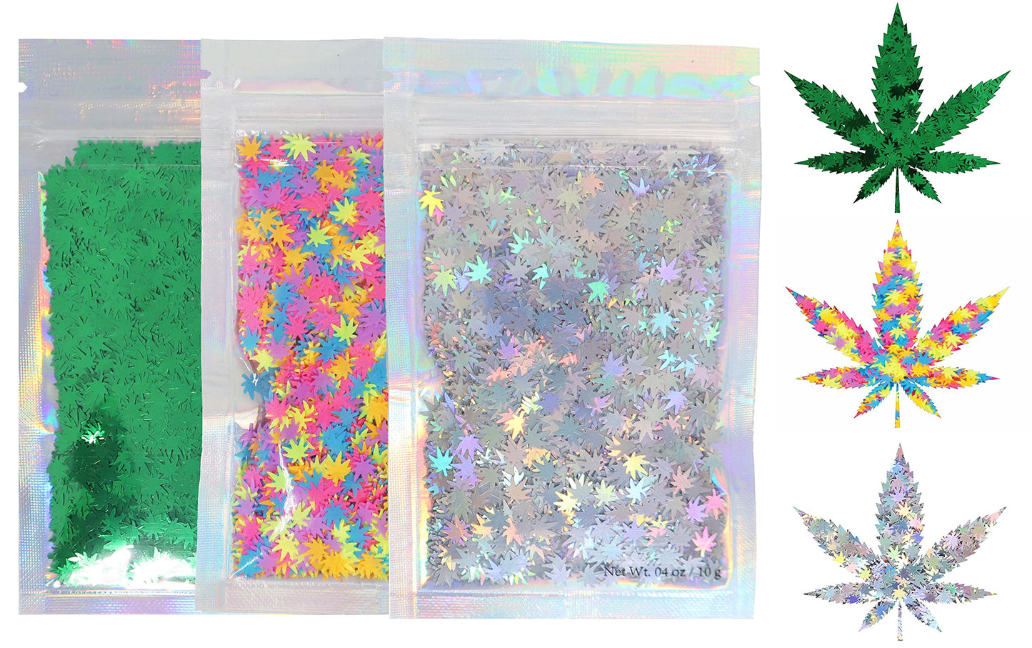 3 Pack - Green, Rainbow & Silver Holographic Leaf Glitter - Solvent Resistant & Cosmetic Grade - Face Body Nails Resin Arts & Crafts, Tumblers, Bath Beauty & Personal Care Electric Bliss Beauty