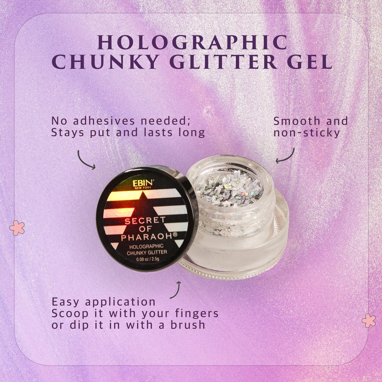 Secret of Pharaoh Holographic Chunky Glitter Gel for Face, Body, Hair - Purple Sparkle | Vibrant Colores, Festival and Party Makeup - Versatile Beauty & Personal Care EBIN NEW YORK