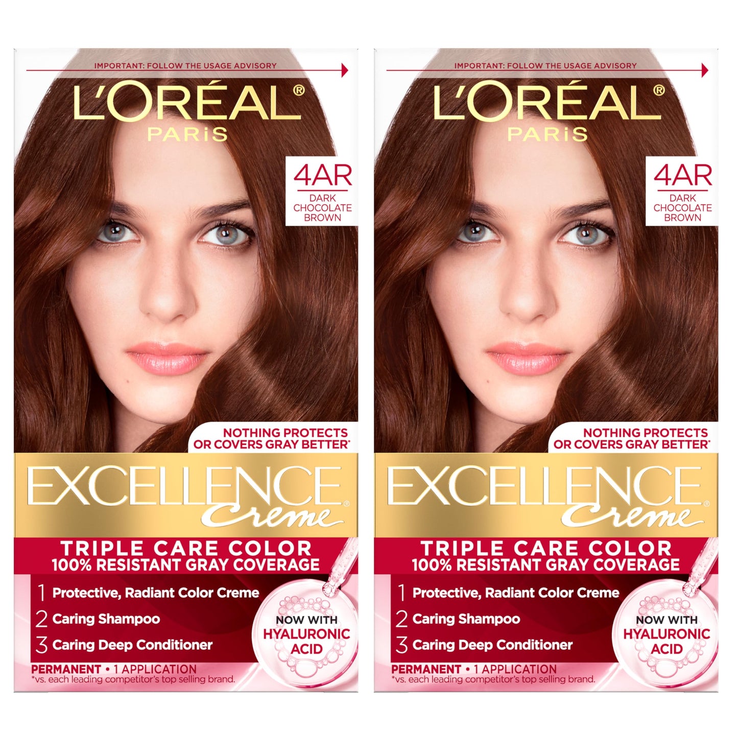 L'Oreal Paris Excellence Crème Permanent Hair Dye, Triple Care Hair Color with Hyaluronic Acid for 100% Gray Coverage, 4AR Dark Chocolate Brown, 1 Kit Beauty & Personal Care L'Oreal Paris