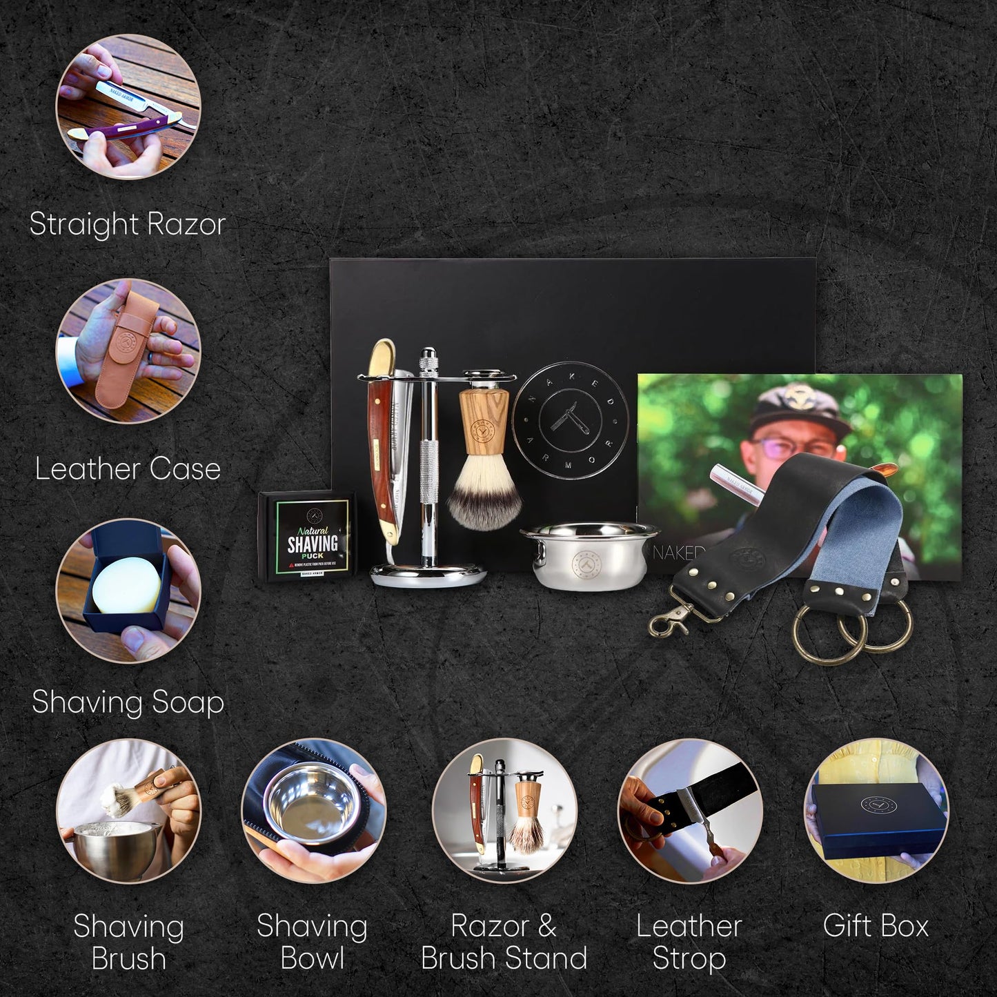 Naked Armor Solomon Straight Razor Kit - Complete Shaving Kit with Shave Ready Straight Razors for Men, Strop, Stand, Soap, Brush, Bowl, Case, Wet Beauty and Personal Care Naked Armor