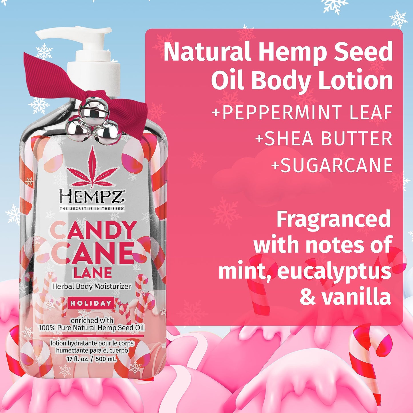 Hempz Limited Edition Peppermint Candy Cane Herbal Body Lotion Moisturizer (17 Oz) - Holiday Body Lotion for Women or Men with Dry Skin - Hydrating Beauty & Personal Care Hempz