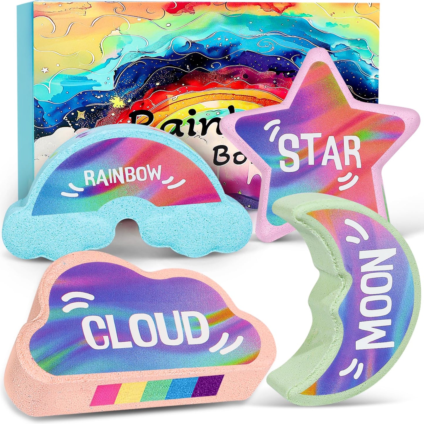 Rainbow Bath Bombs for Kids - 4 Pcs Handmade Kid Bath Bombs, Birthday Gifts for Kids Girls, Bubble Bath Beauty and Personal Care AWKUWA
