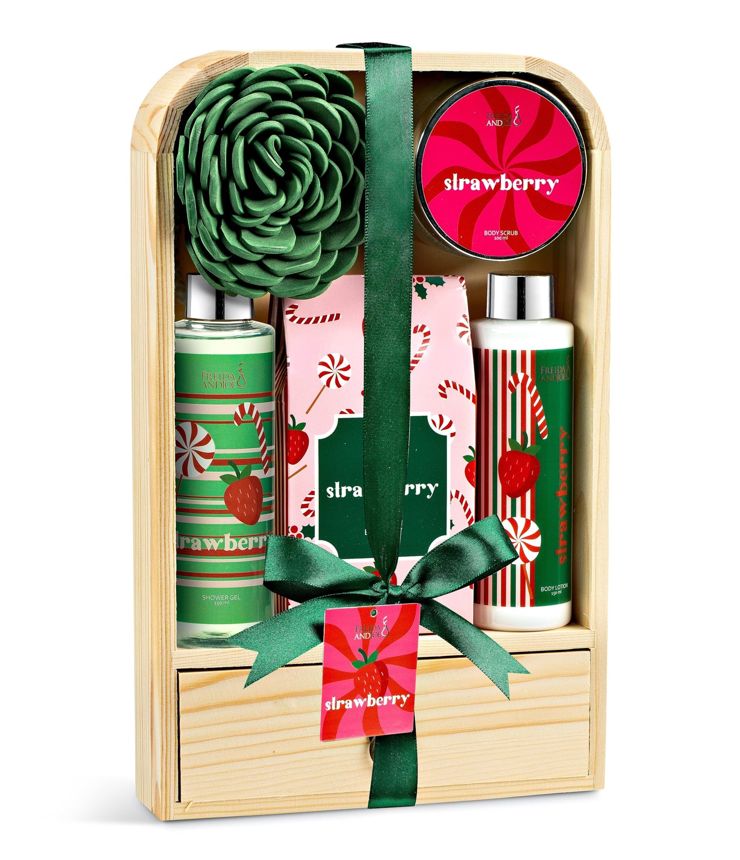 Elegant Modern Bath and Body Gift Set Home Spa Set with Shower Gel, Body Lotion, Bath Salt, Body Scrub & Pouf in Wooden Curio (Delicate Strawberry) Beauty and Personal Care Freida and Joe