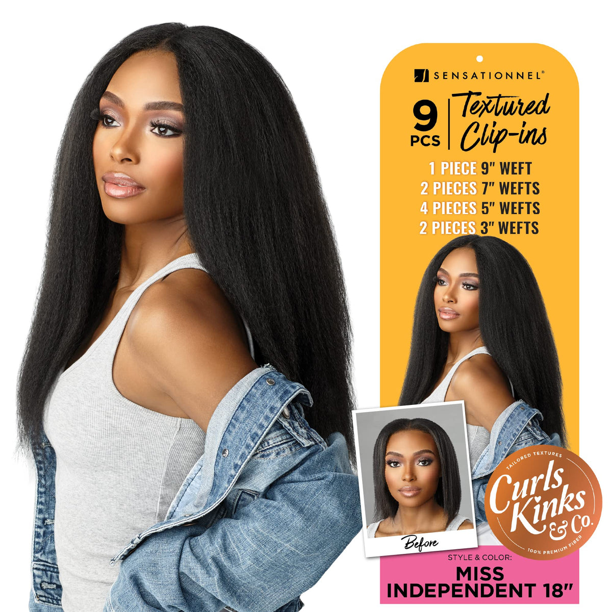 Sensationnel Curls Kinksandco Clip In - Miss Independent 18 Inch 9 Piece Pack Easy to Use Clips for Natural 3C to 4C Hair (1B OFFBLACK)