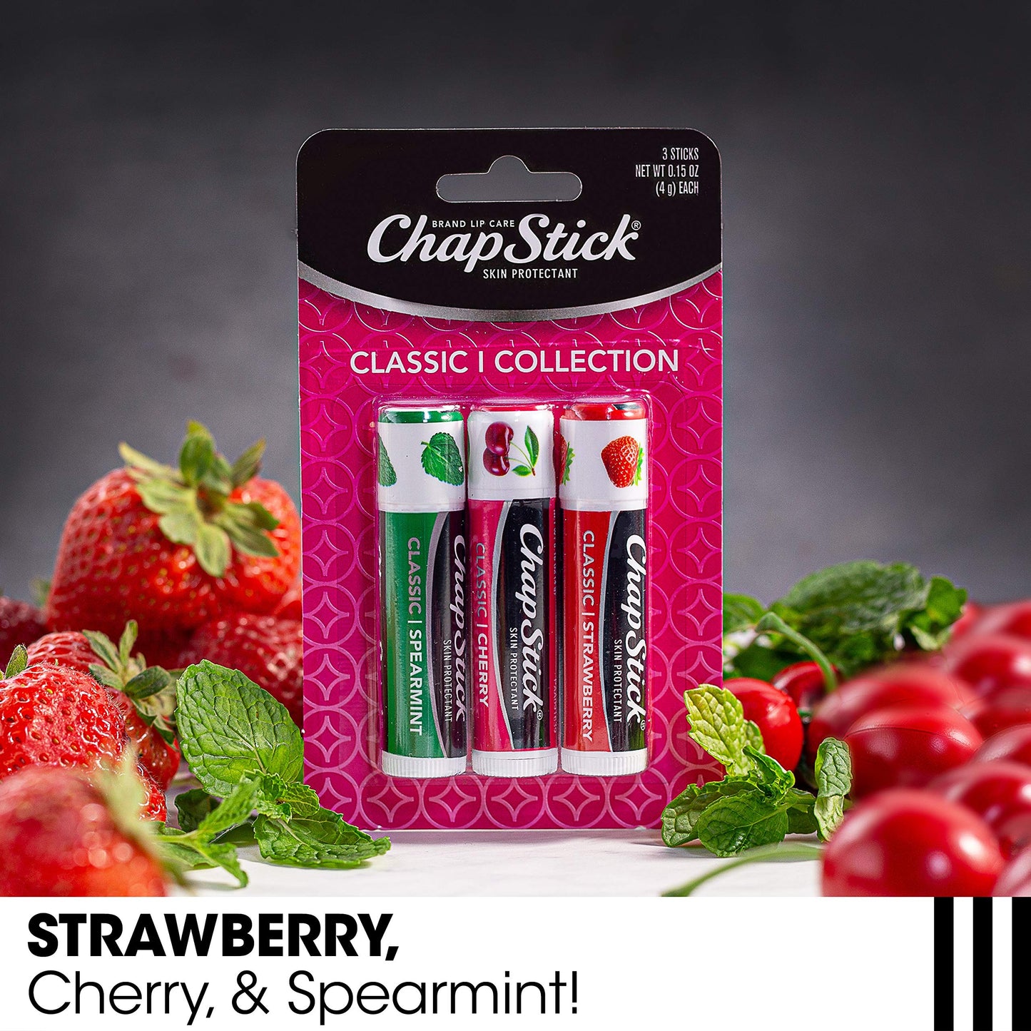 ChapStick Classic Spearmint, Cherry and Strawberry Lip Balm Tubes Variety Pack - 3 x 0.15 Oz (Pack of 12) Beauty & Personal Care ChapStick