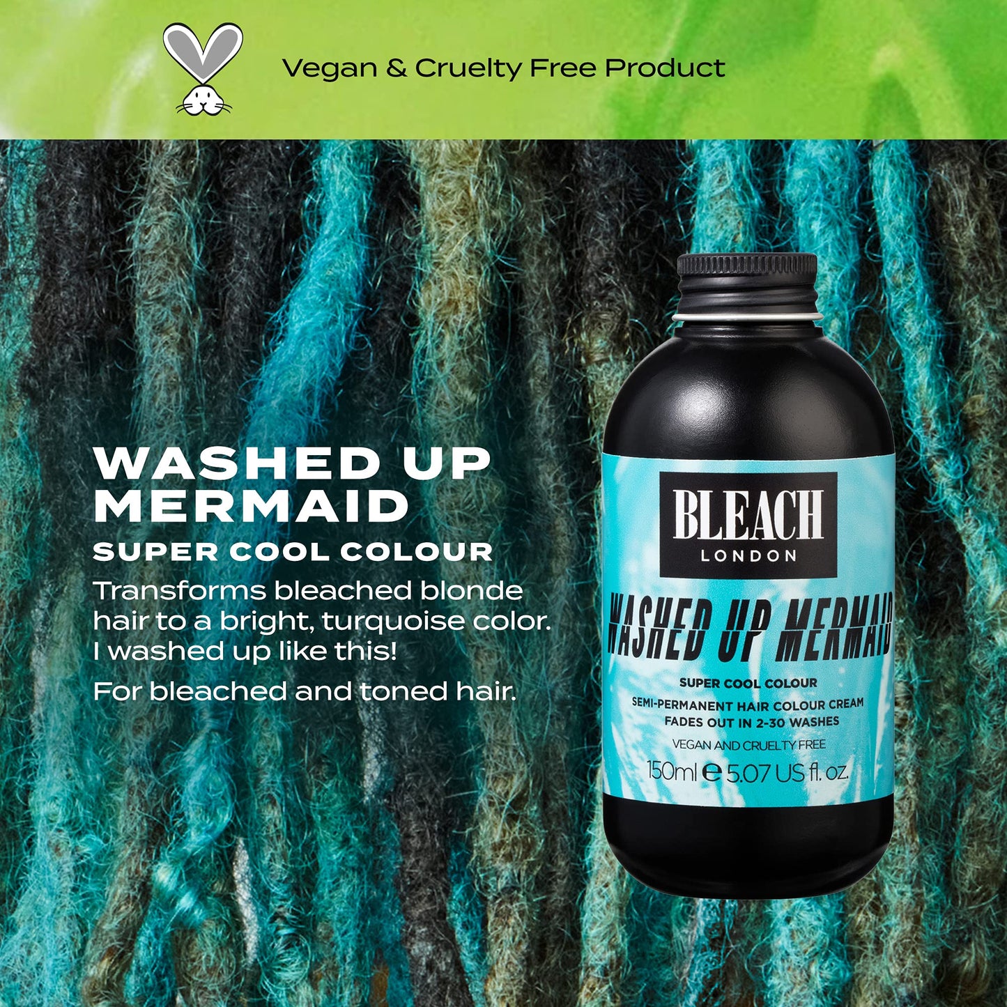BLEACH LONDON Washed Up Mermaid Super Cool Color - Semi-Permanent Hair Color, Vivid Turquoise Blue, Bright Aqua Temporary Hair Color Cream, 5.07 fl Beauty & Personal Care Bleach London