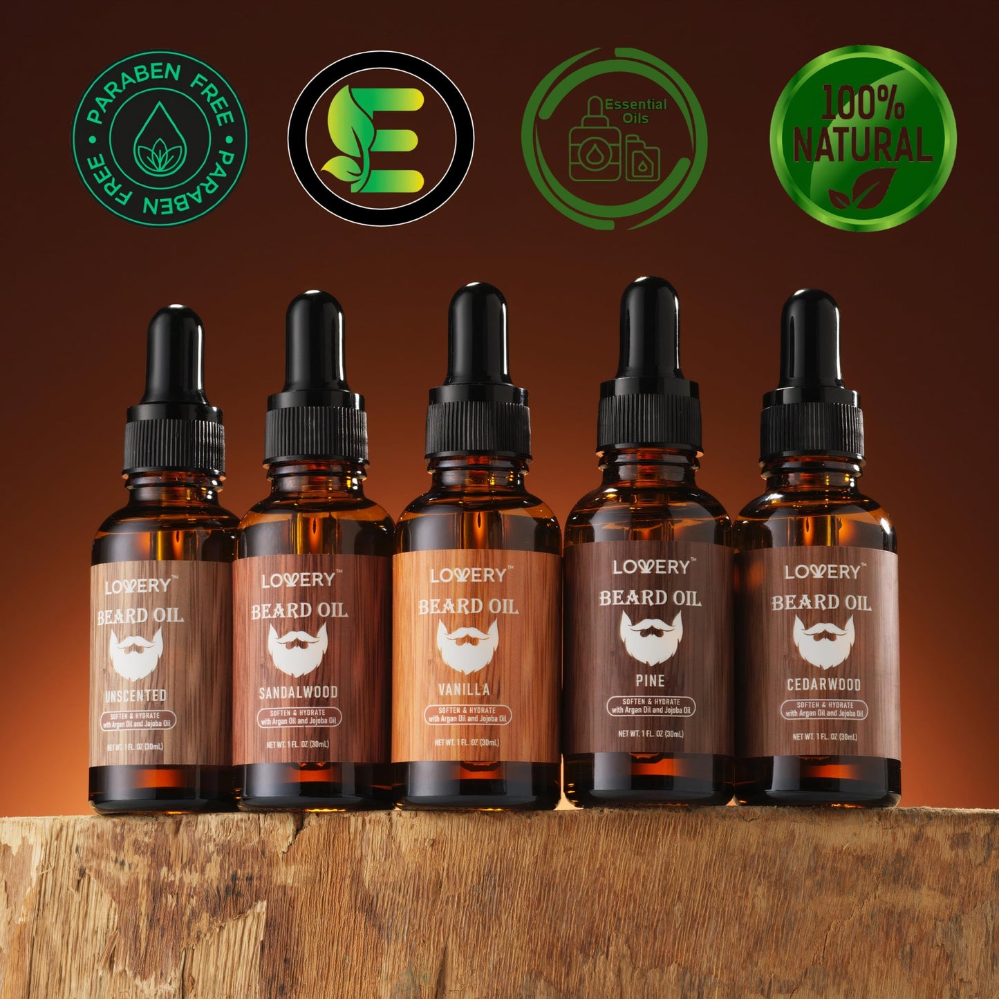 LOVERY (5 Pack Beard Oil for Men, Natural Mens Beard Oil Kit Variety Set - Sandalwood, Vanilla, Cedarwood, Pine, Unscented, W Argan & Jojoba Oil, Mens Beauty and Personal Care LOVERY